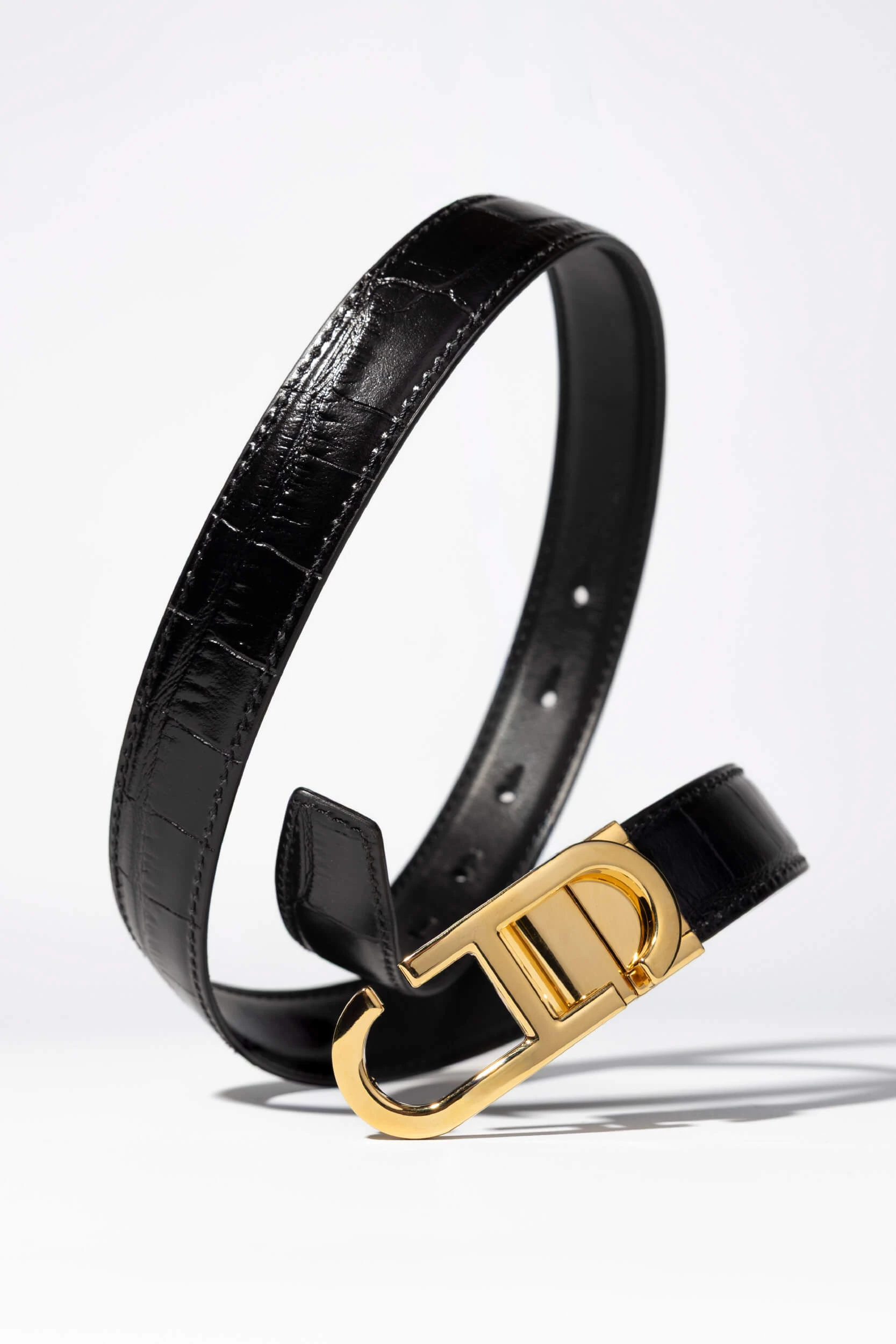 Leren Dames Riem Reversible Zwart Croco Goud Trophy Buckle