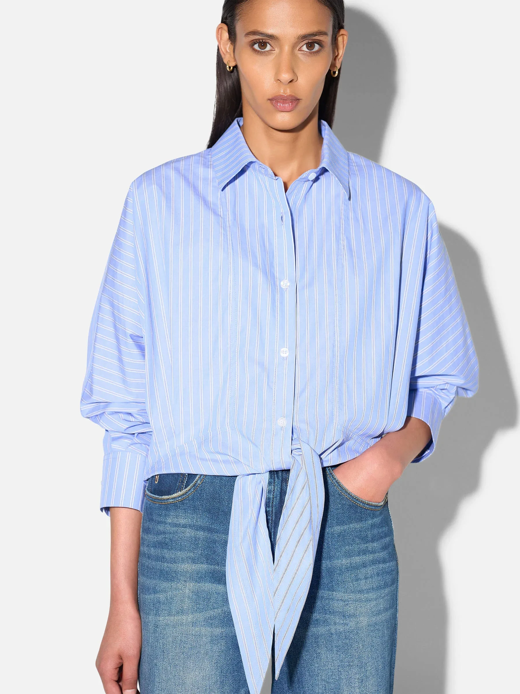 Blauwe Blouse Dames Strik Katoen Strepen Boyfriend David