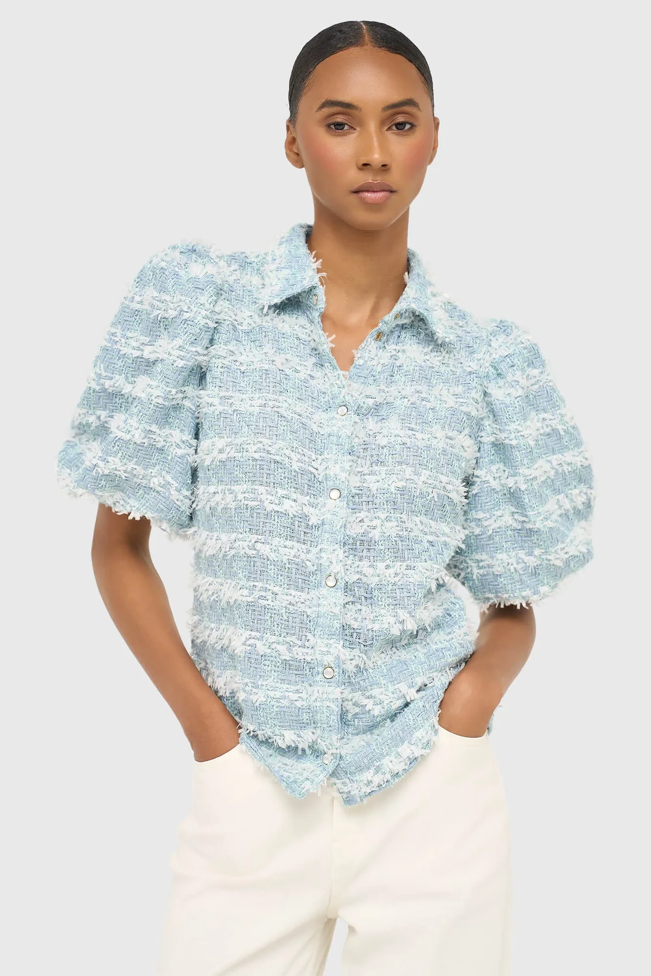 Blouse Dames Pof Mouw Tweed Lars Blauw