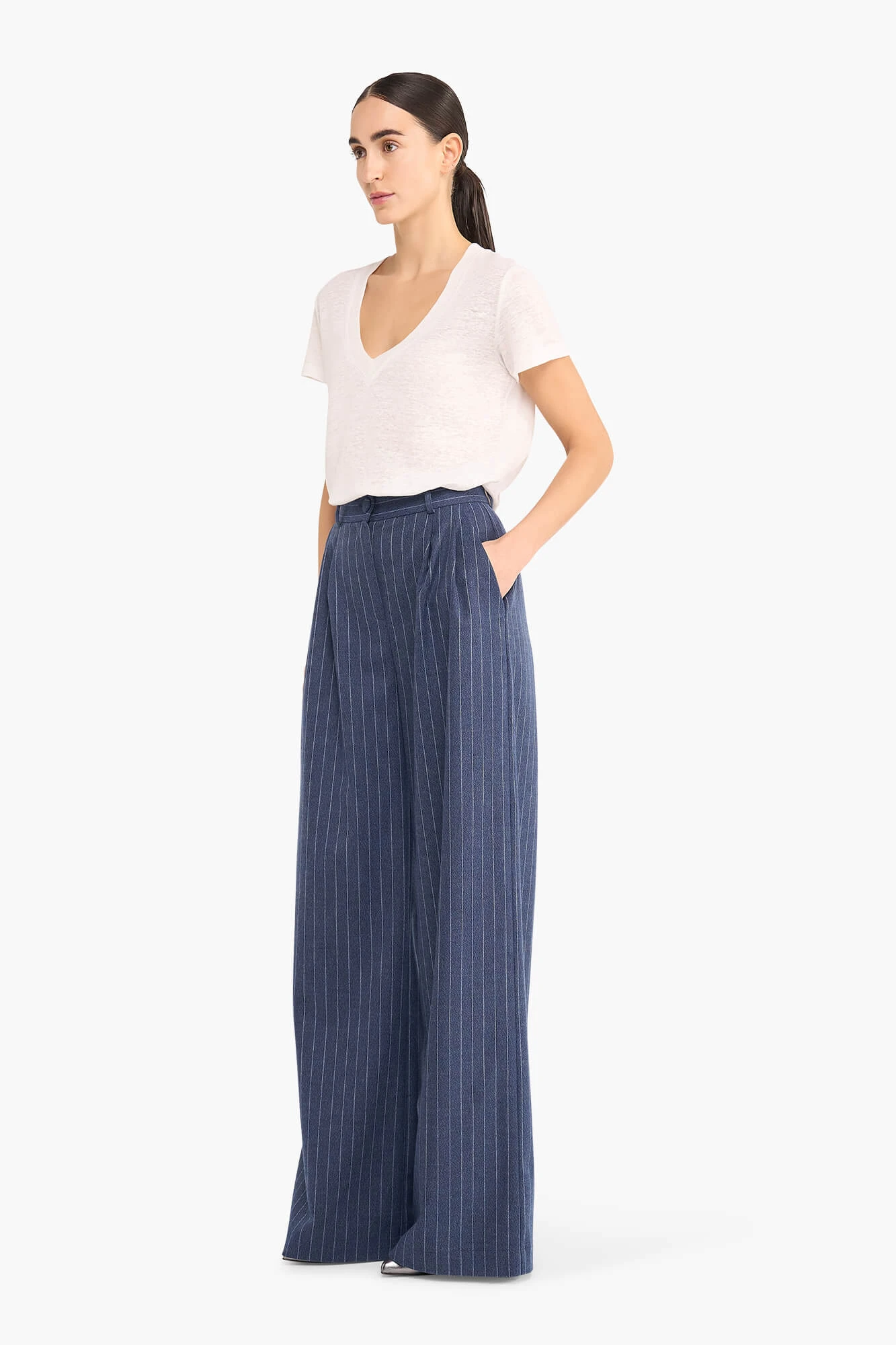 Broek Dames Wijde Pijp Streep Dollar Blauw