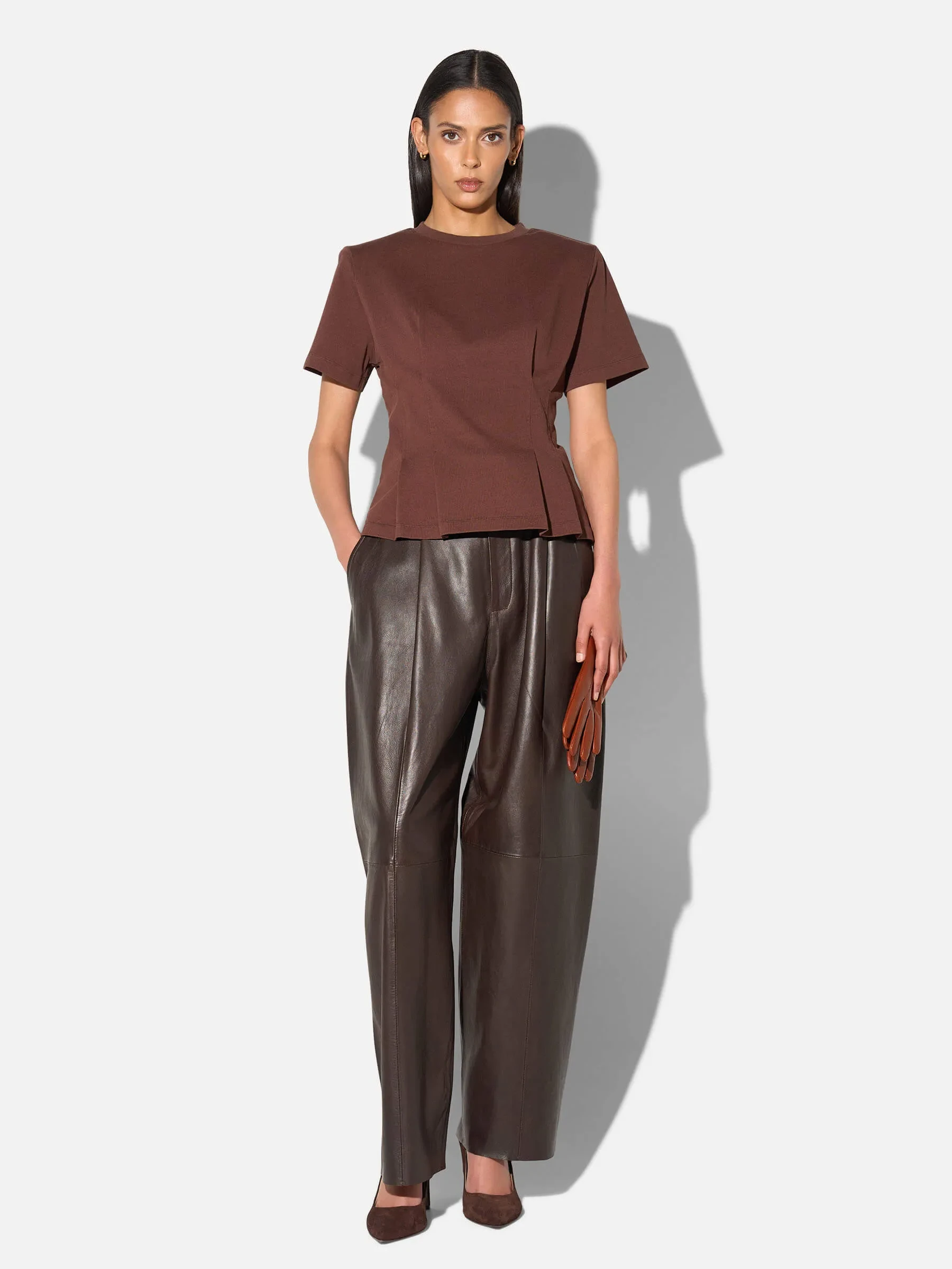 Bruin Katoenen Dames Shirt Plooien Taille Keon