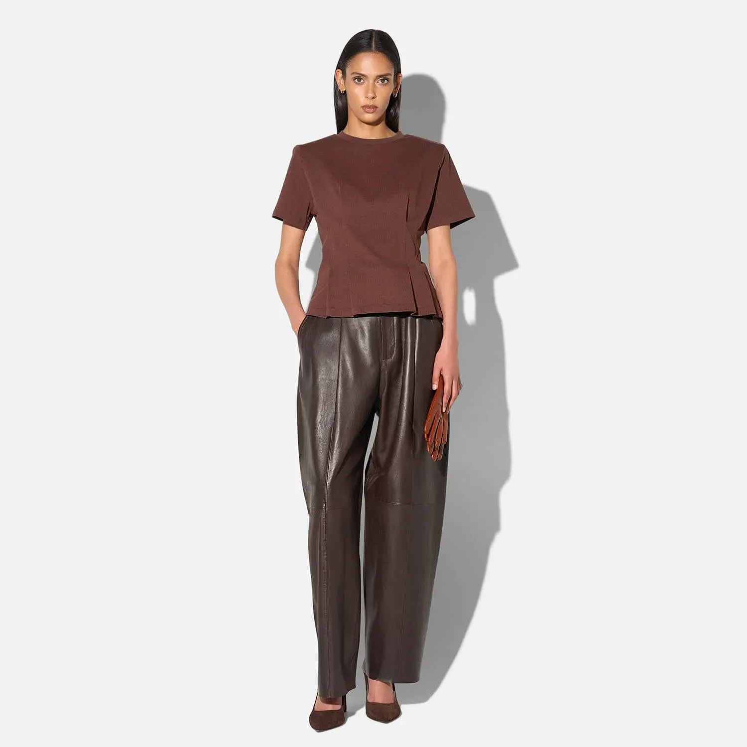 Bruin Katoenen Dames Shirt Plooien Taille Keon