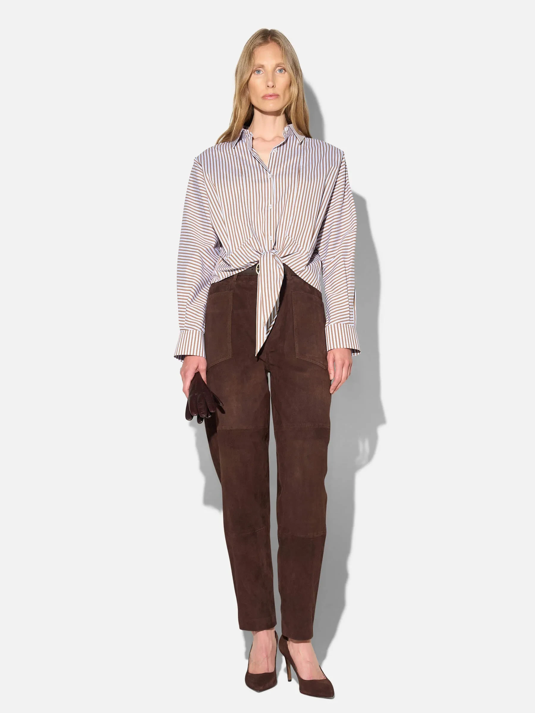 Bruine Blouse Dames Strik Katoen Strepen Boyfriend David