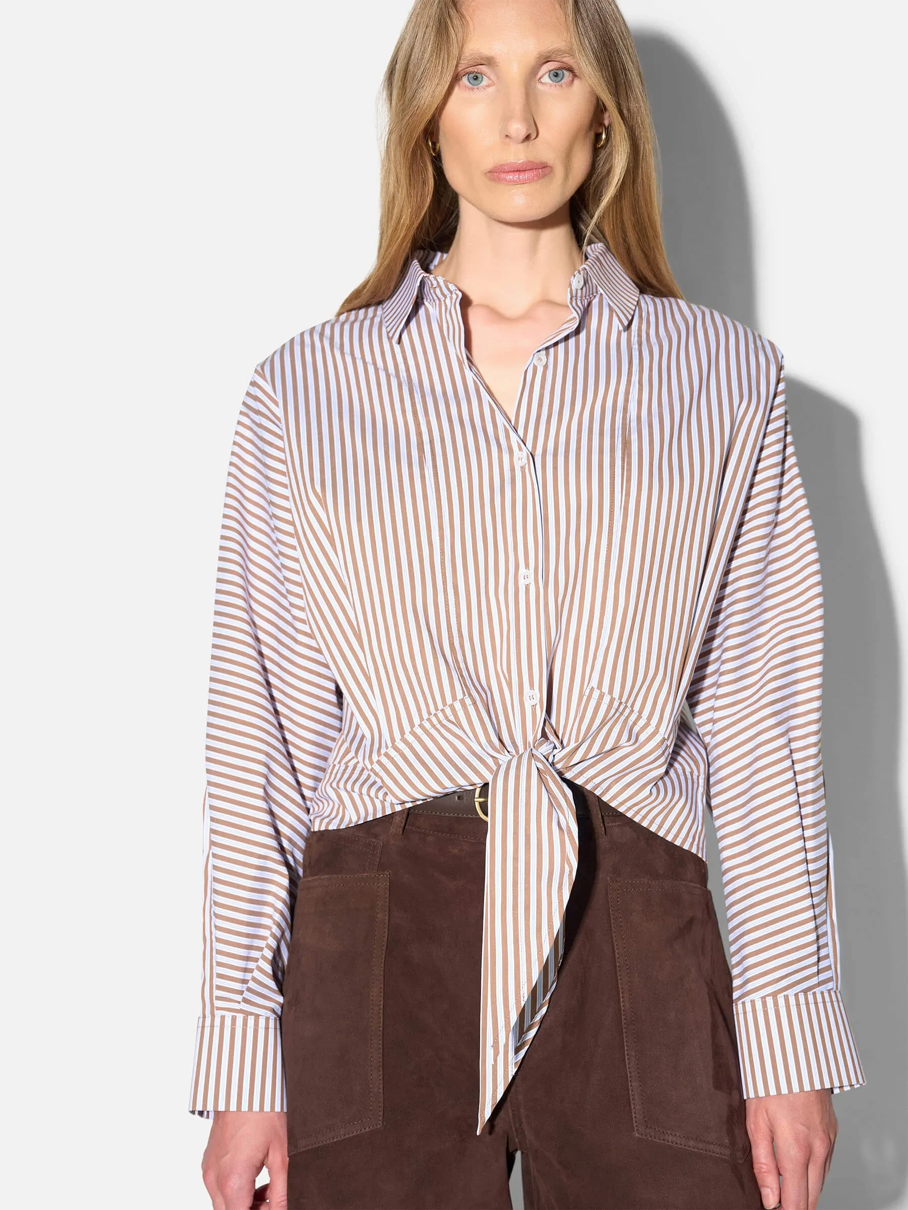 Bruine Blouse Dames Strik Katoen Strepen Boyfriend David