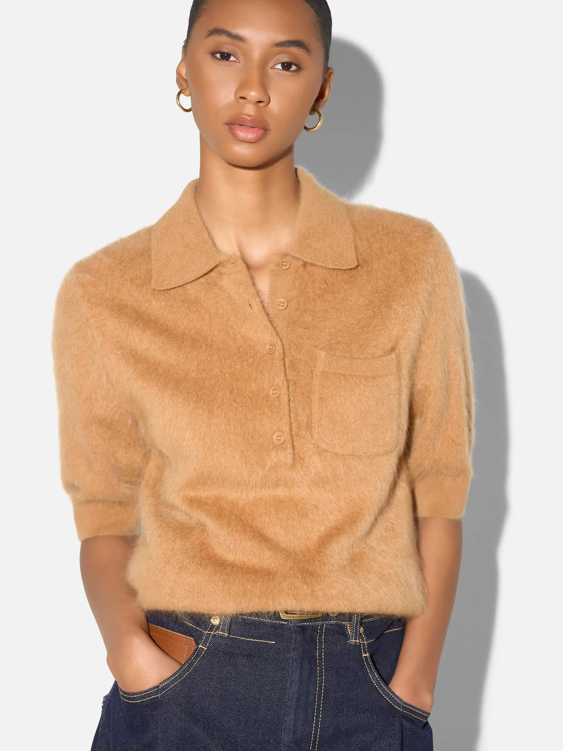 Brushed Cashmere Dames Polo Truitje Rebel Camel