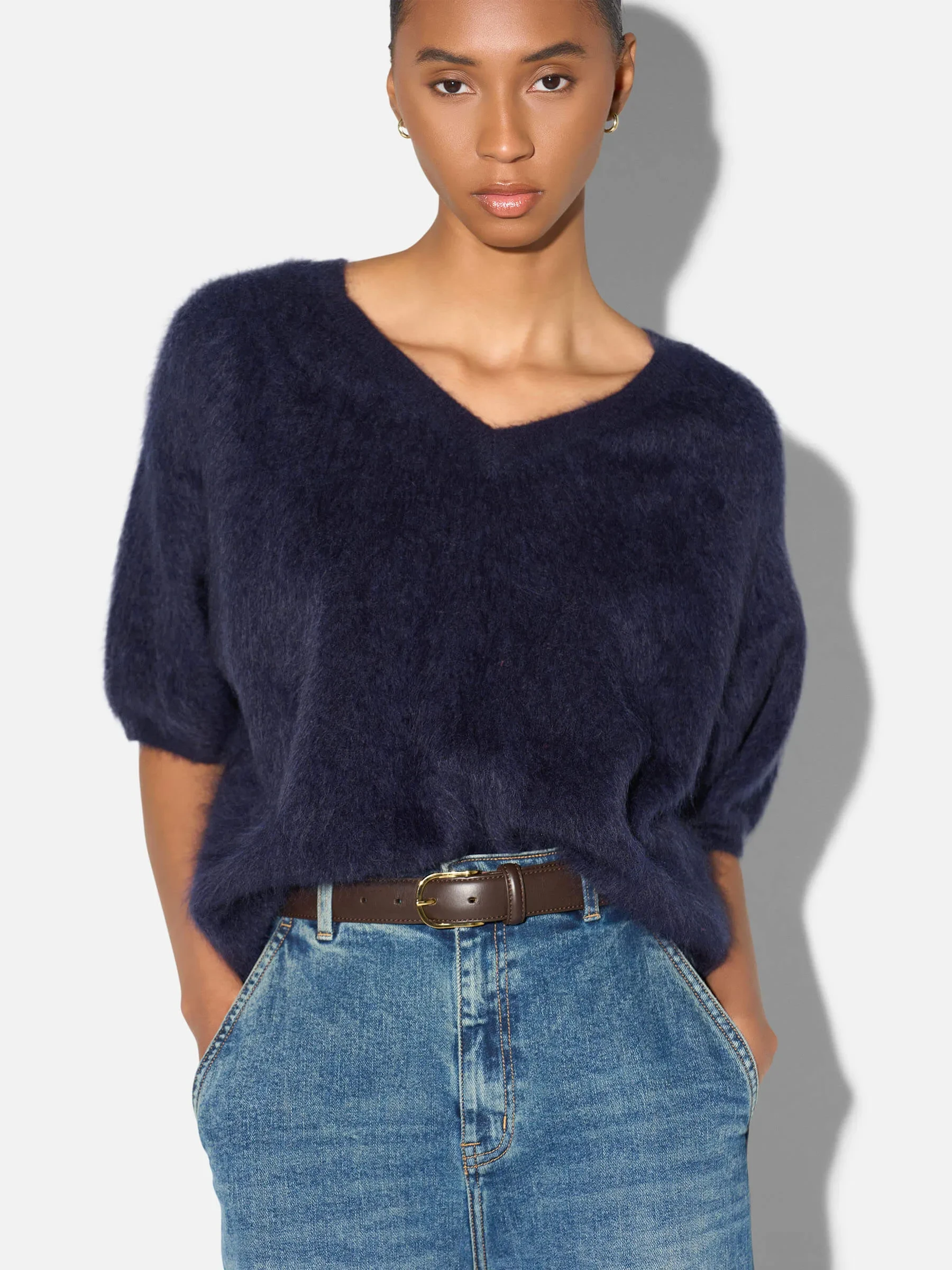 Brushed Cashmere Dames Trui V Hals Romeo Blauw