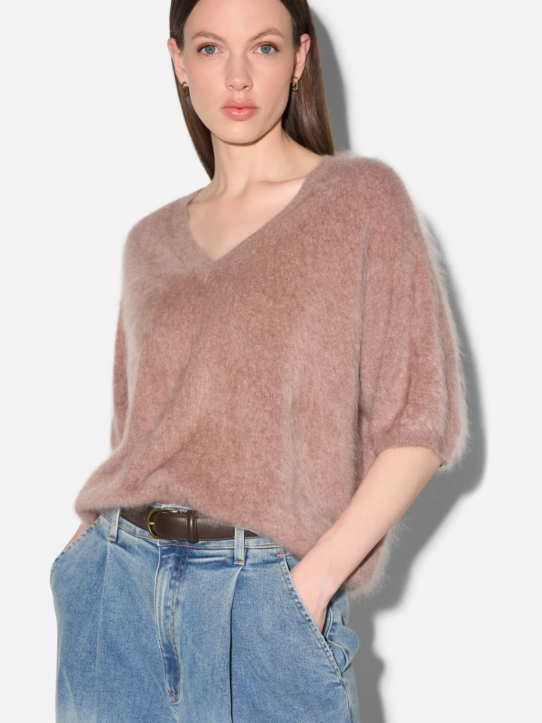 Brushed Cashmere Dames Trui V Hals Romeo Taupe