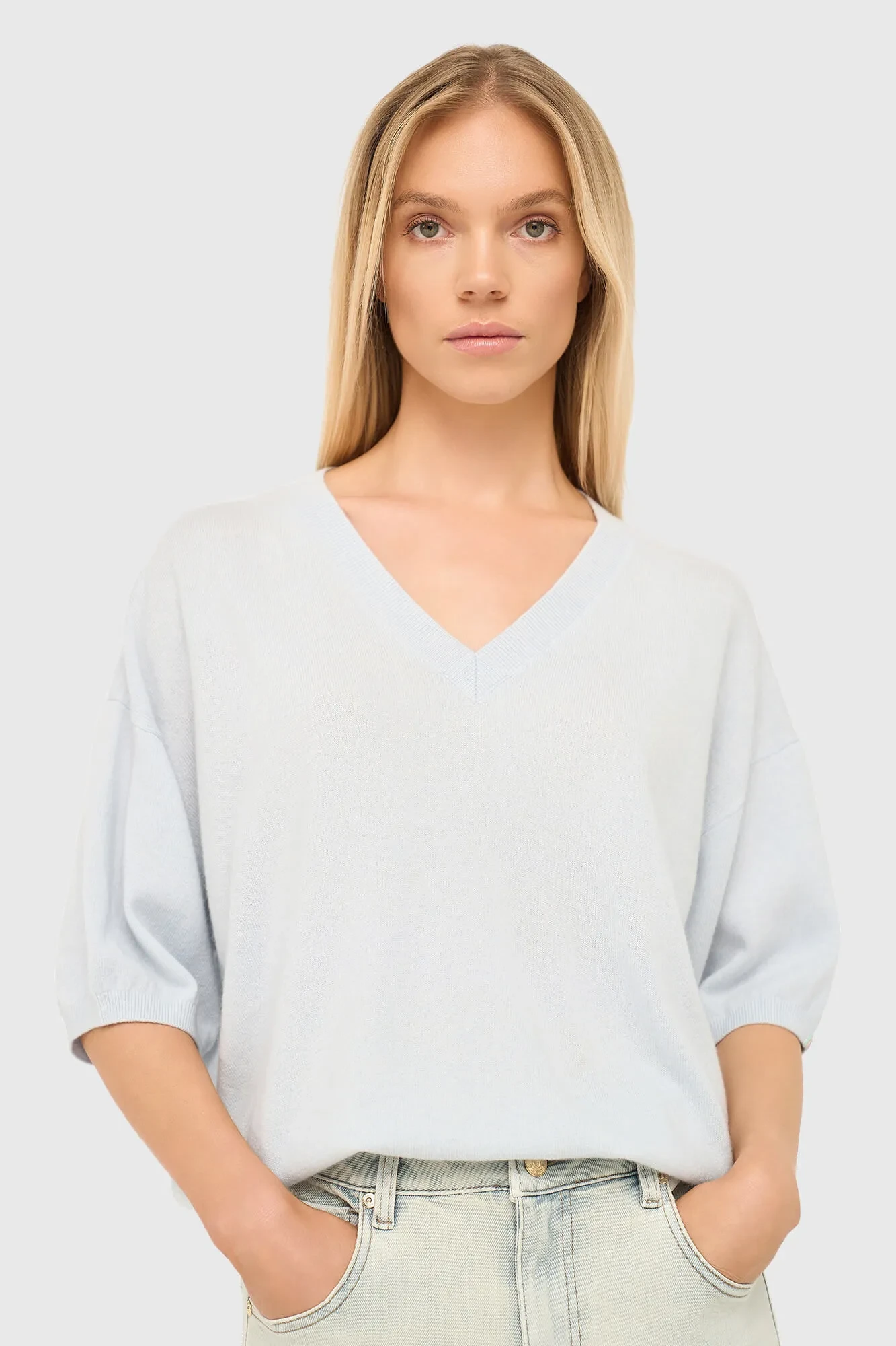 Cashmere Dames Trui V Hals Romeo Licht Blauw