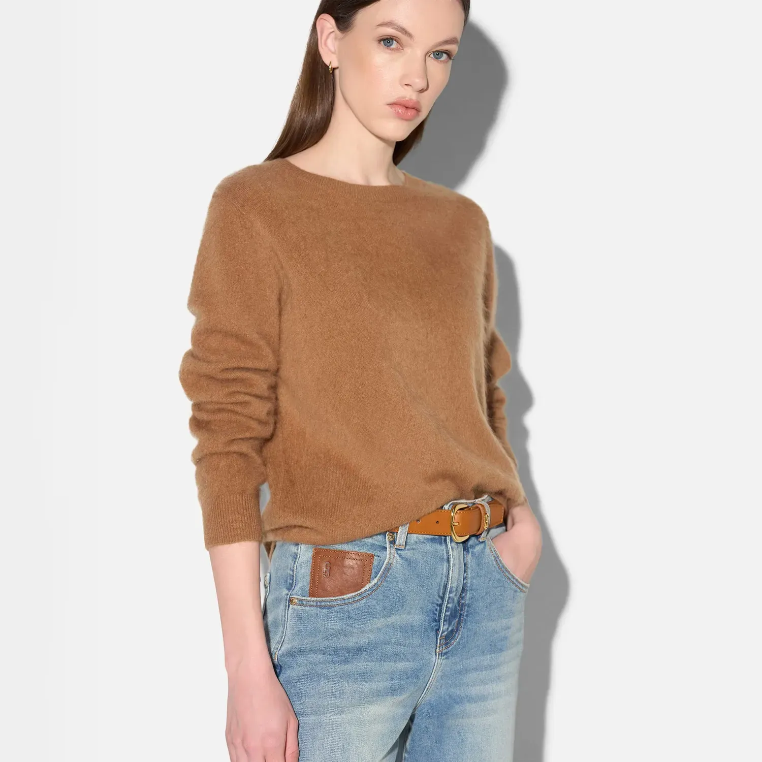 Dames Trui Ronde Hals Gebrushed Merino Wol Eon Camel