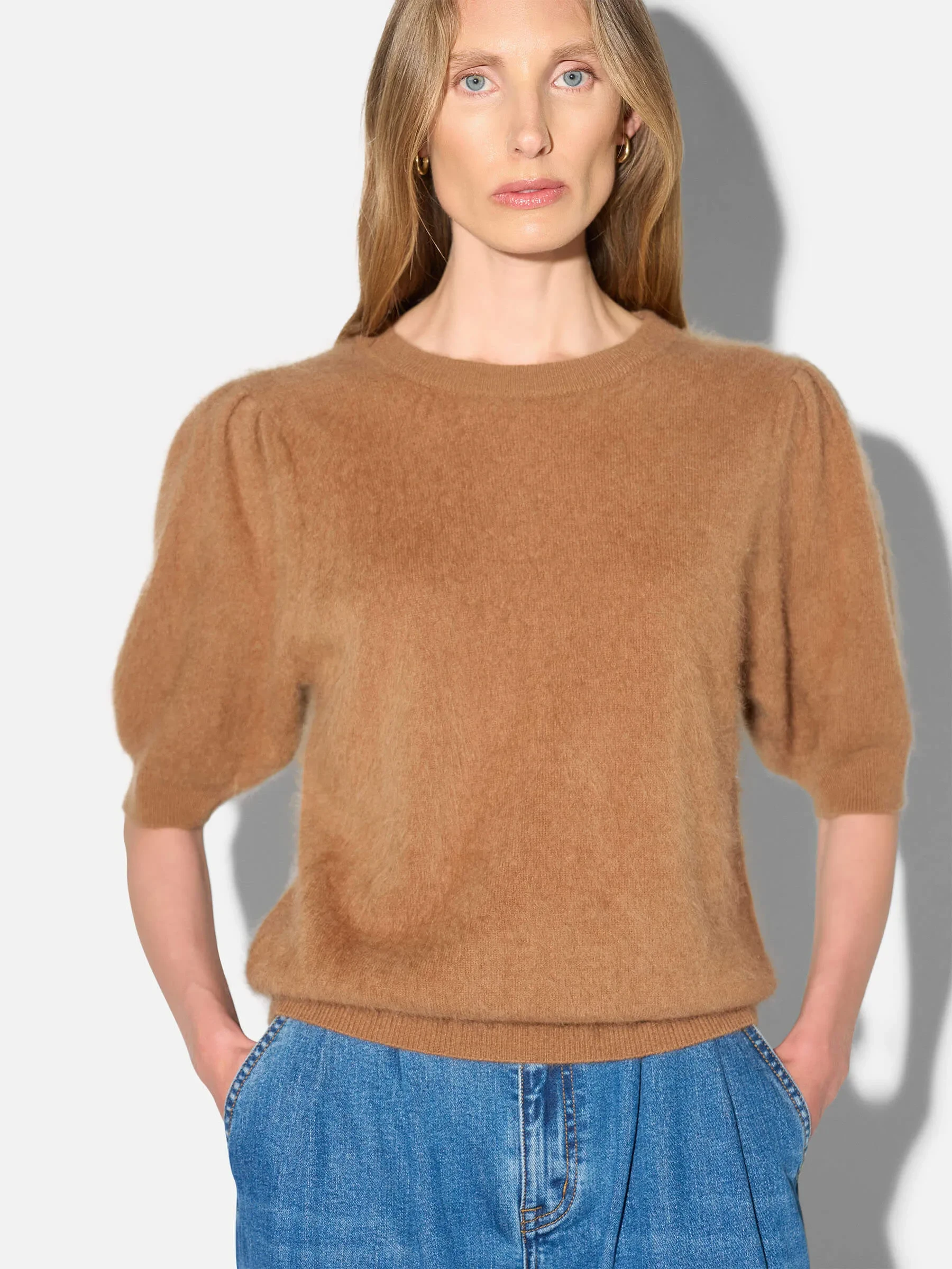 Dames Trui Ronde Hals Pofmouw Gebrushed Merino Wol Peyton Camel