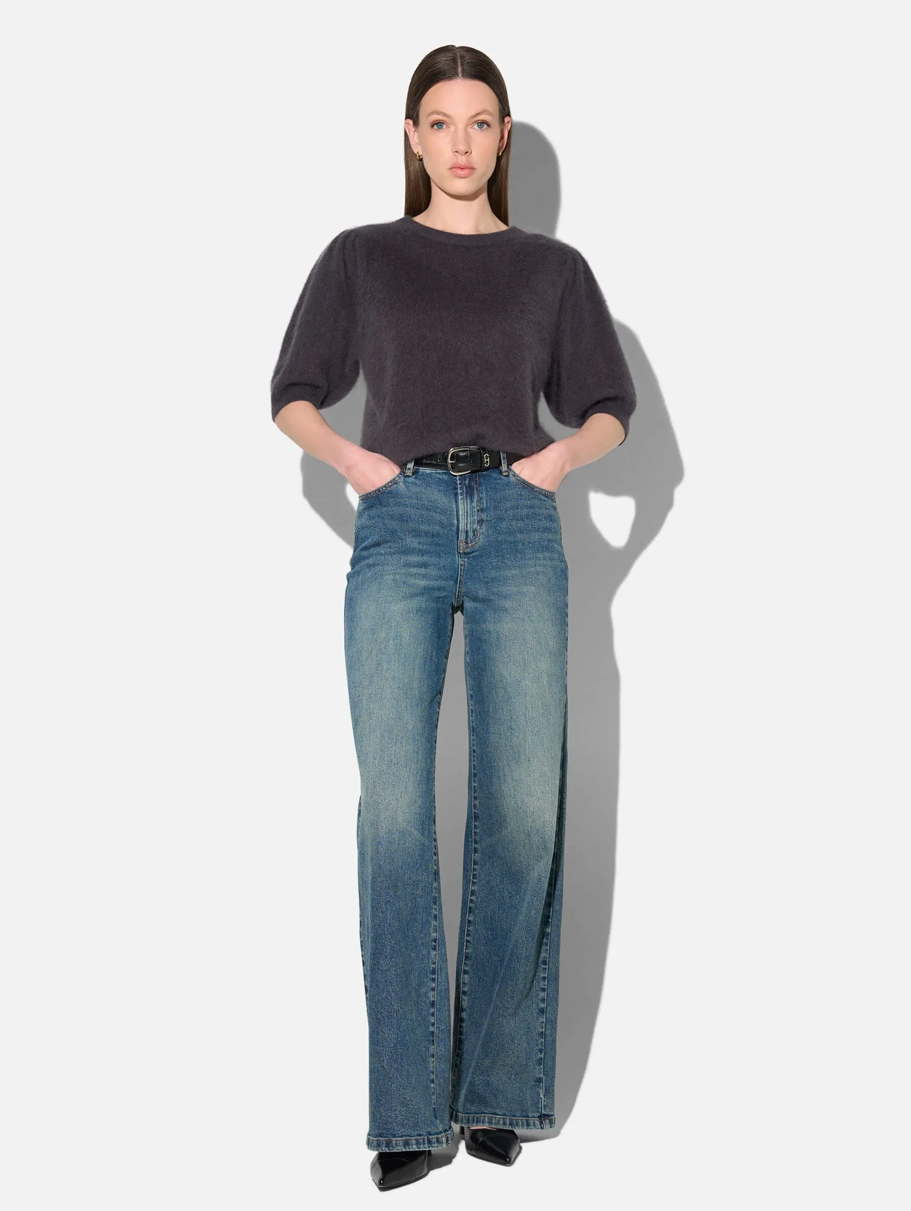 Dames Trui Ronde Hals Pofmouw Gebrushed Merino Wol Peyton Grijs