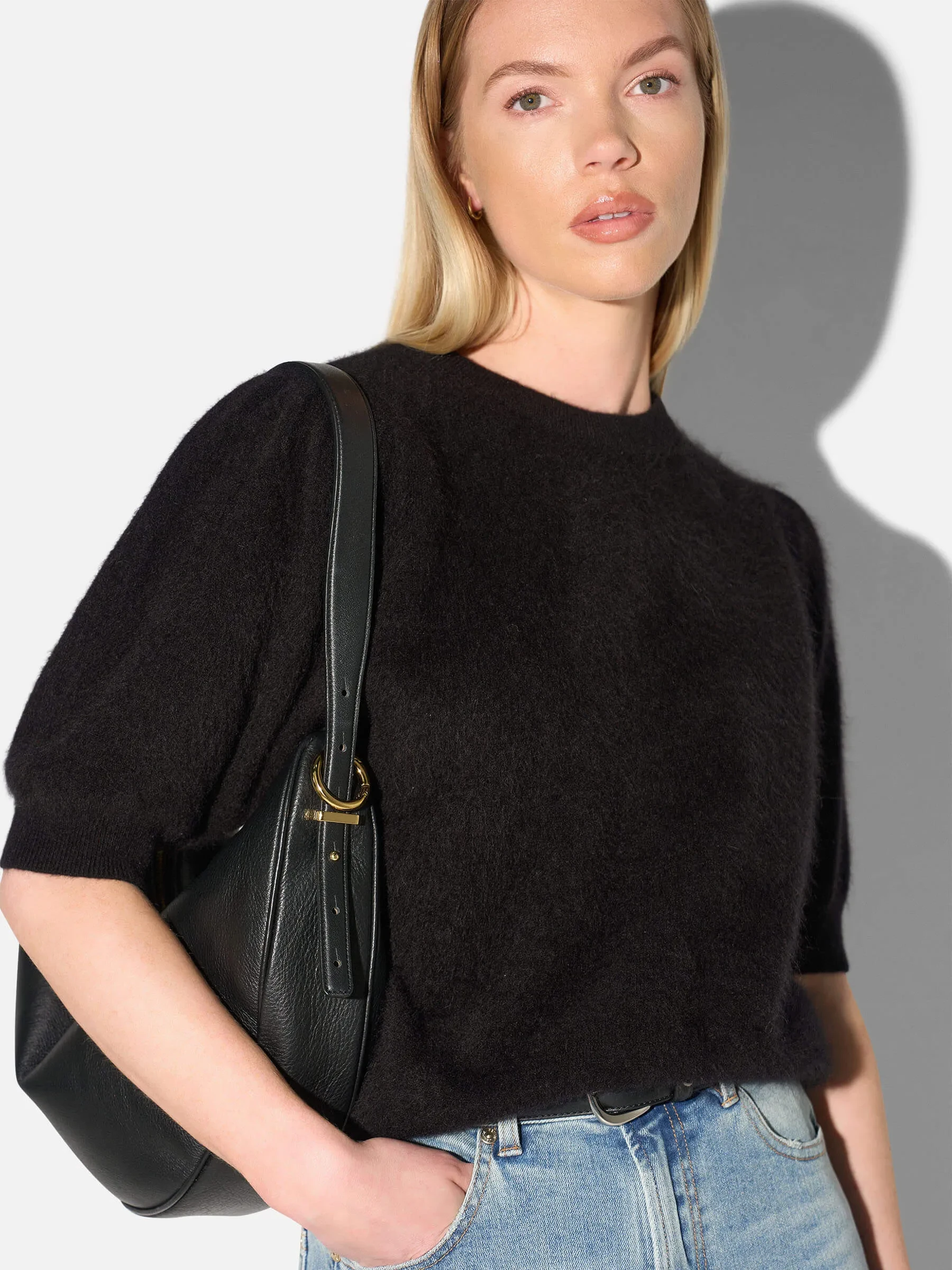 Dames Trui Ronde Hals Pofmouw Gebrushed Merino Wol Peyton Zwart