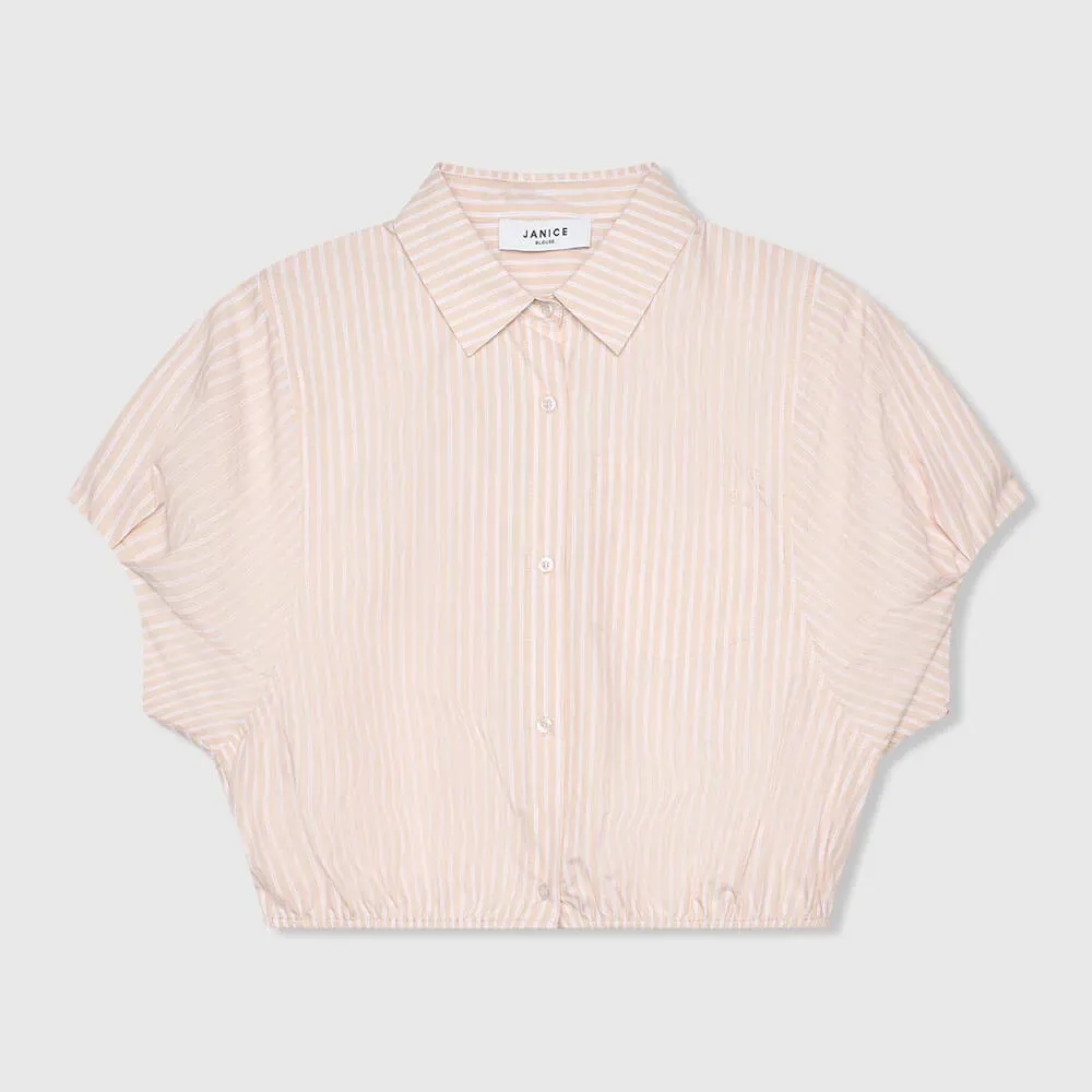 Katoenen Dames Blouse Korte Mouw Gestreept Cross Beige