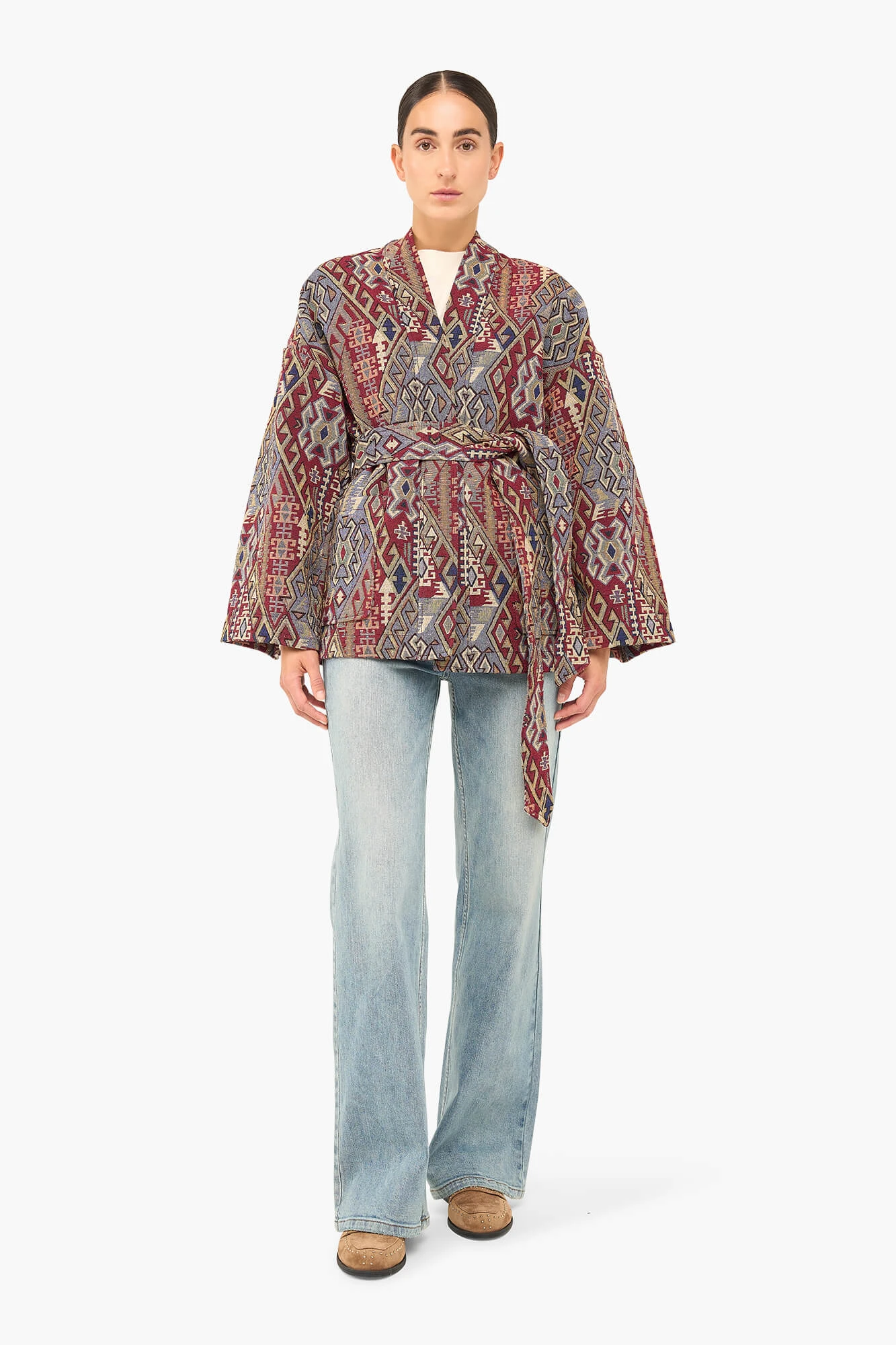 Kimono Dames Jacquard Preston Aztec Rood