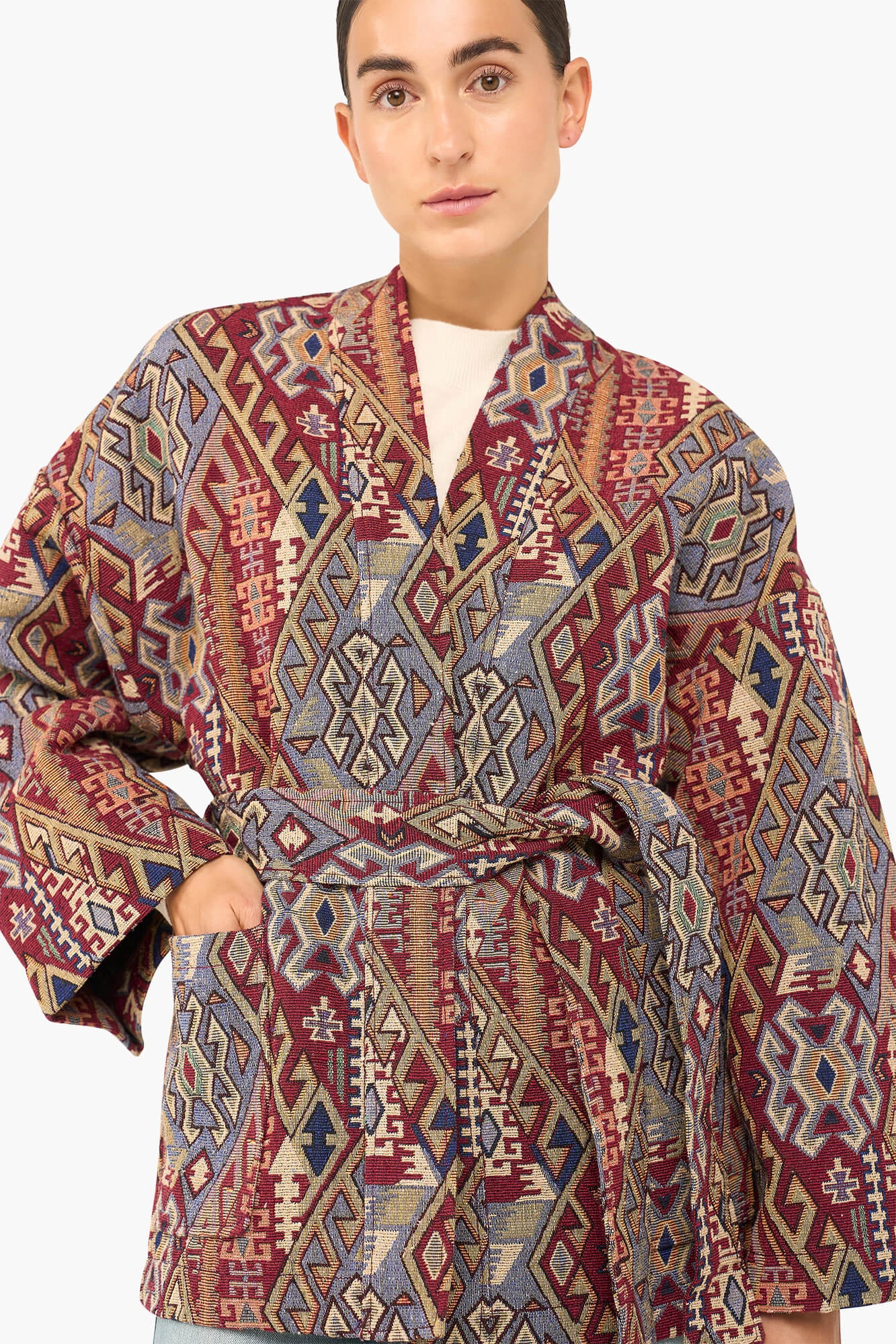 Kimono Dames Jacquard Preston Aztec Rood