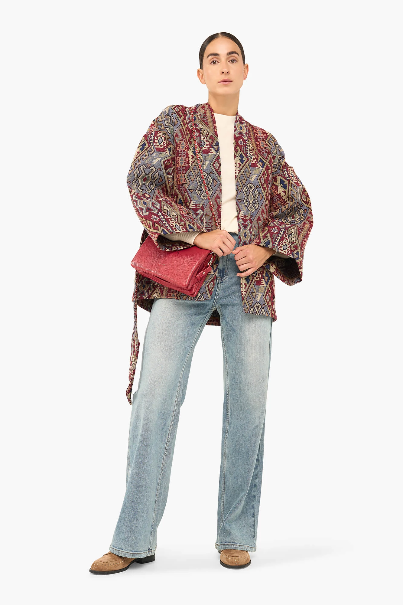 Kimono Dames Jacquard Preston Aztec Rood