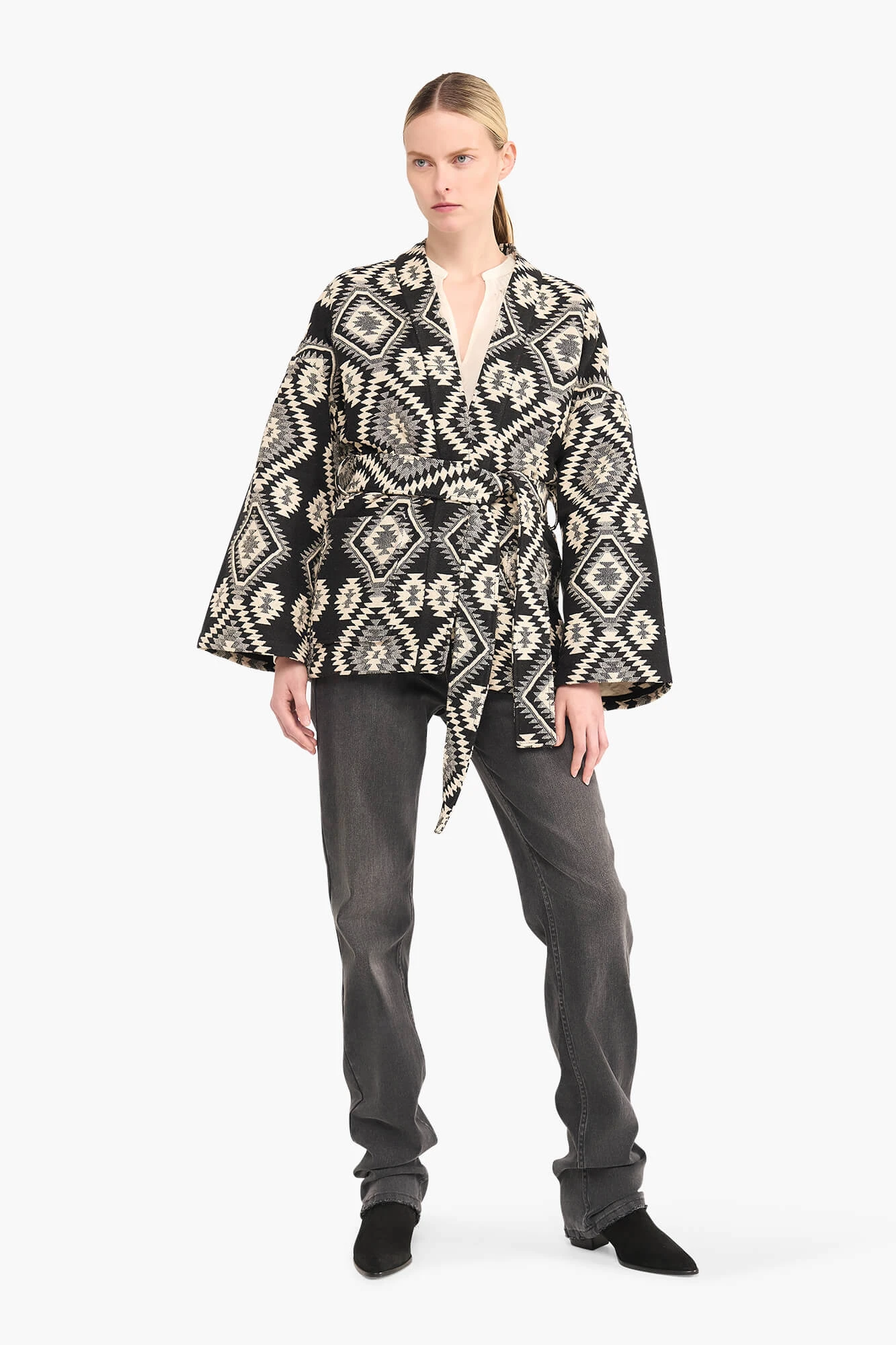 Kimono Dames Jacquard Preston Aztec Zwart