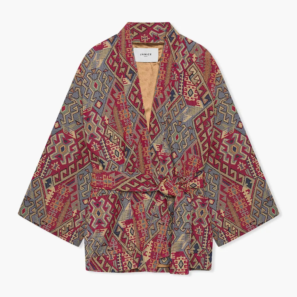 Kimono Dames Jacquard Preston Aztec Rood
