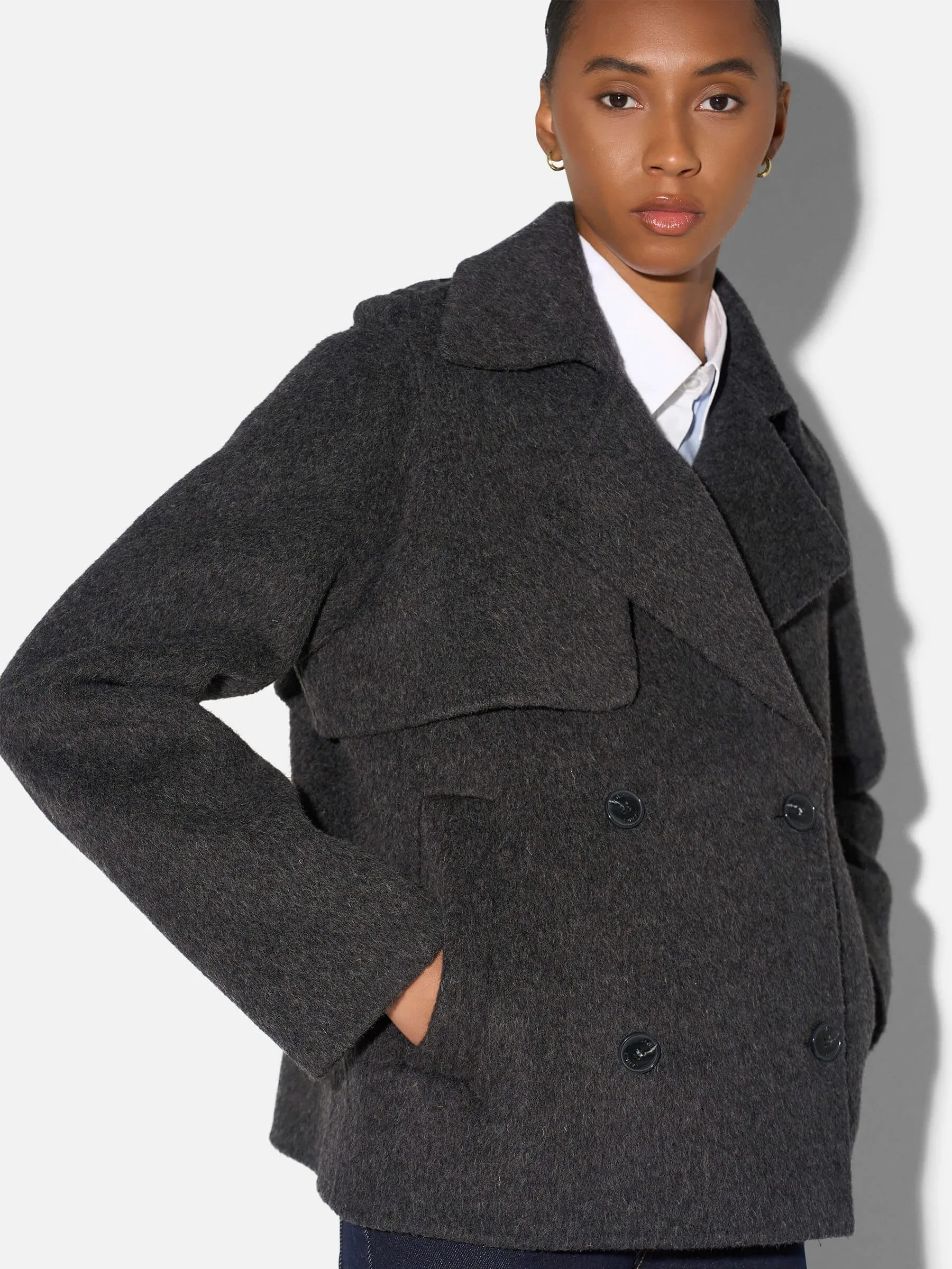 Korte Trench Dames Jas Yak Wol Jean Grijs