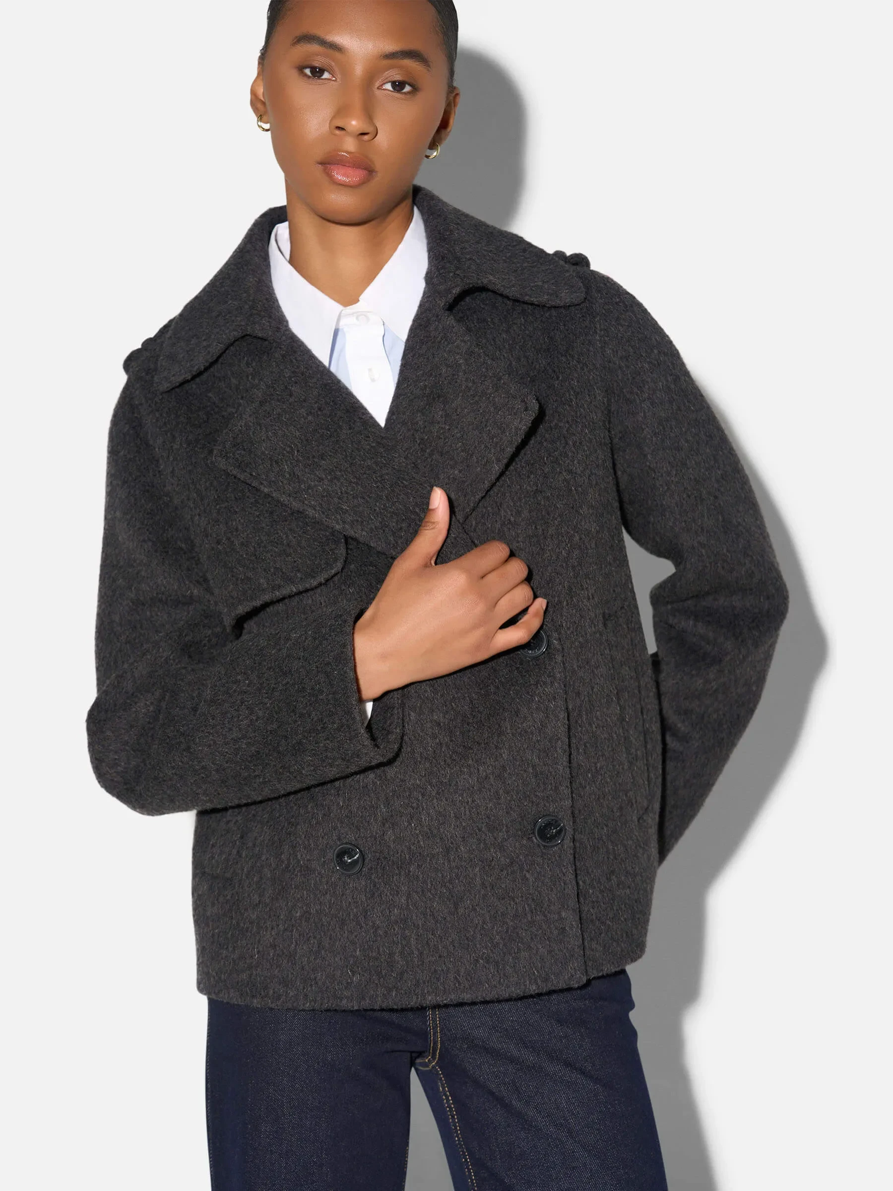 Korte Trench Dames Jas Yak Wol Jean Grijs