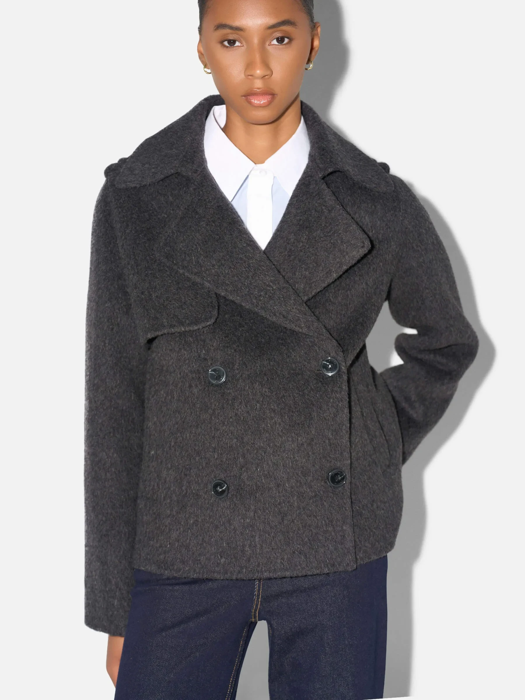 Korte Trench Dames Jas Yak Wol Jean Grijs