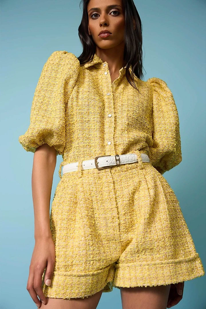 Blouse Dames Pof Mouw Tweed Lars Geel