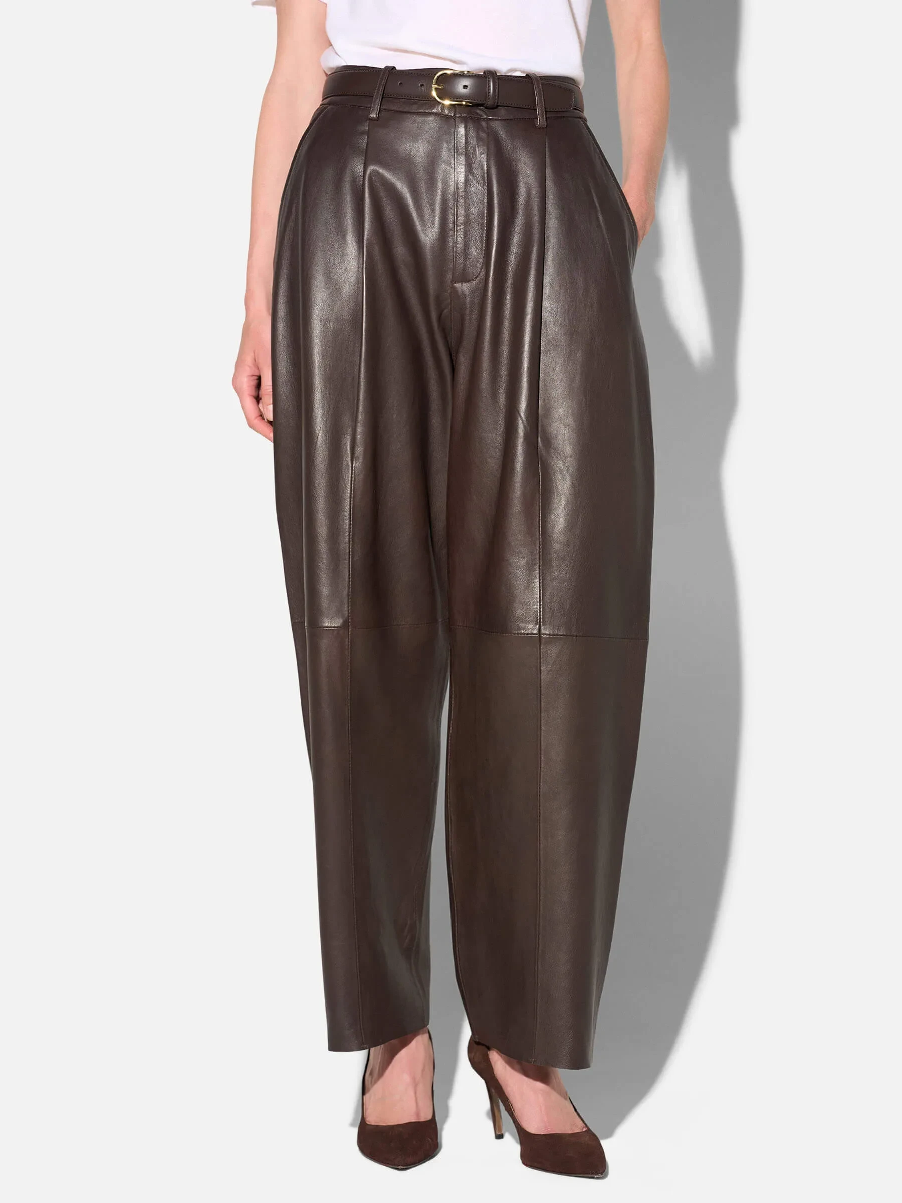 Leren Dames Broek Steekzakken Barrel Balti Bruin