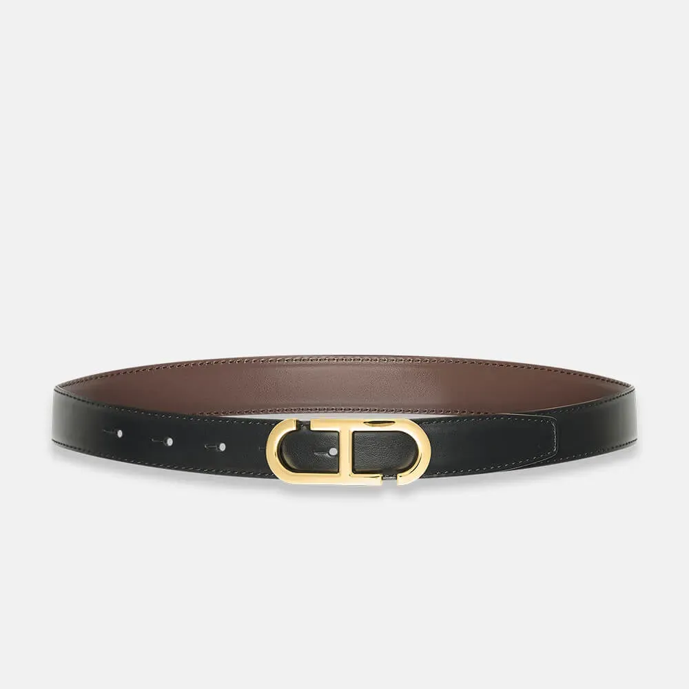 Leren Dames Riem Reversible Zwart Bruin Goud Trophy Buckle