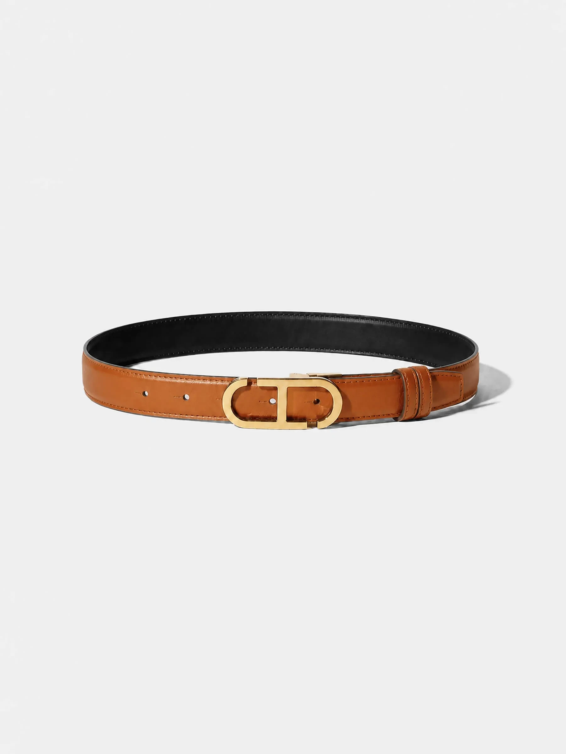 Leren Dames Riem Reversible Zwart Camel Goud Trophy Buckle
