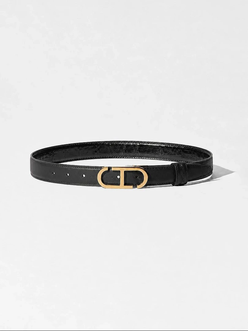 Leren Dames Riem Reversible Zwart Croco Goud Trophy Buckle