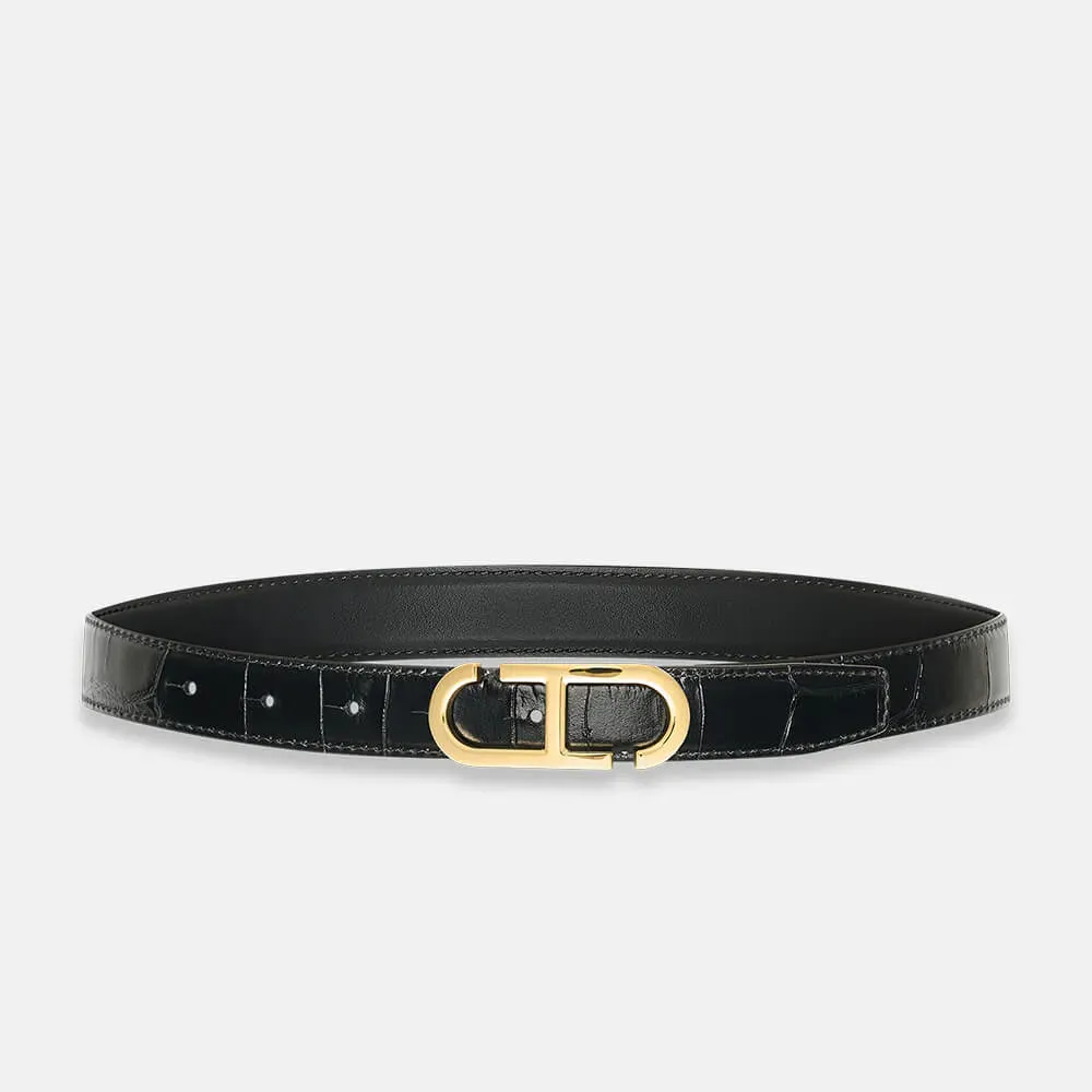 Leren Dames Riem Reversible Zwart Croco Goud Trophy Buckle