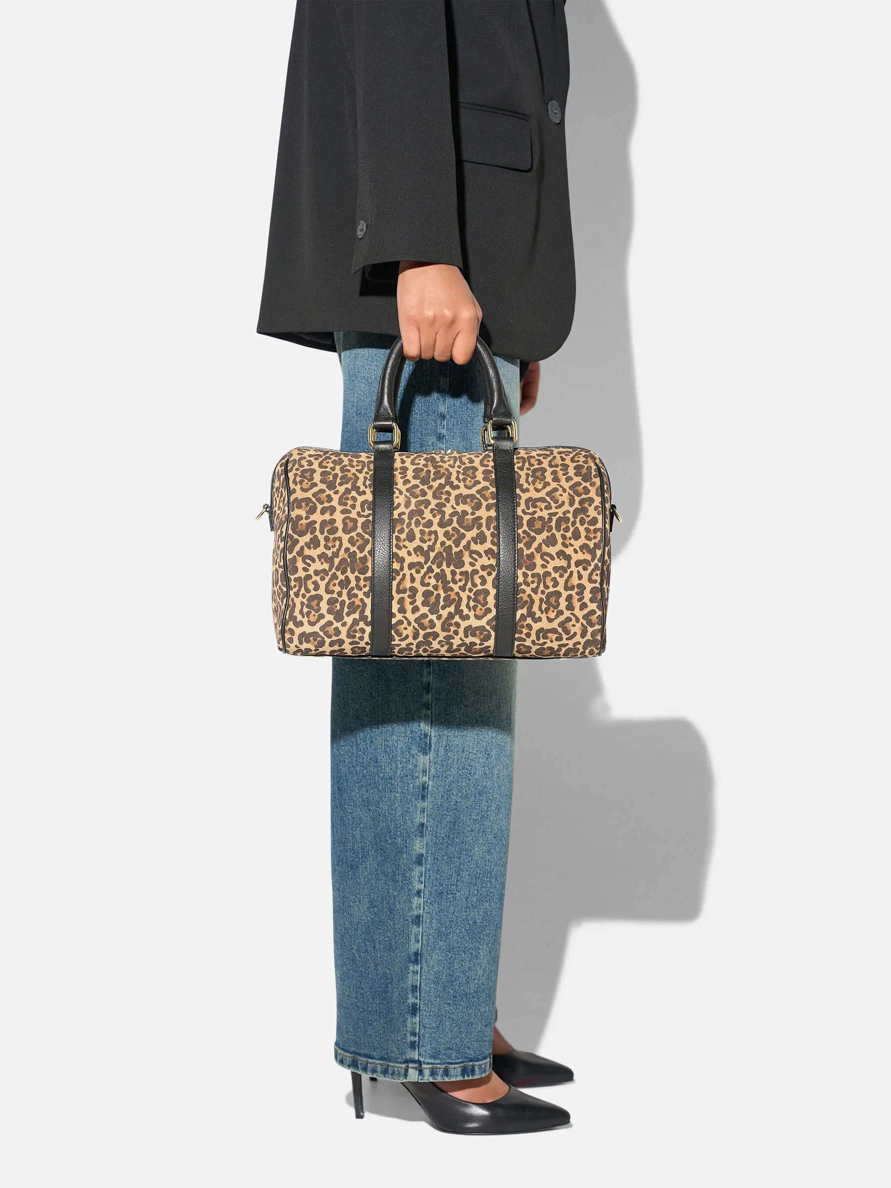 Leren Dames Tas Bowling Bag Suede Wade Panterprint
