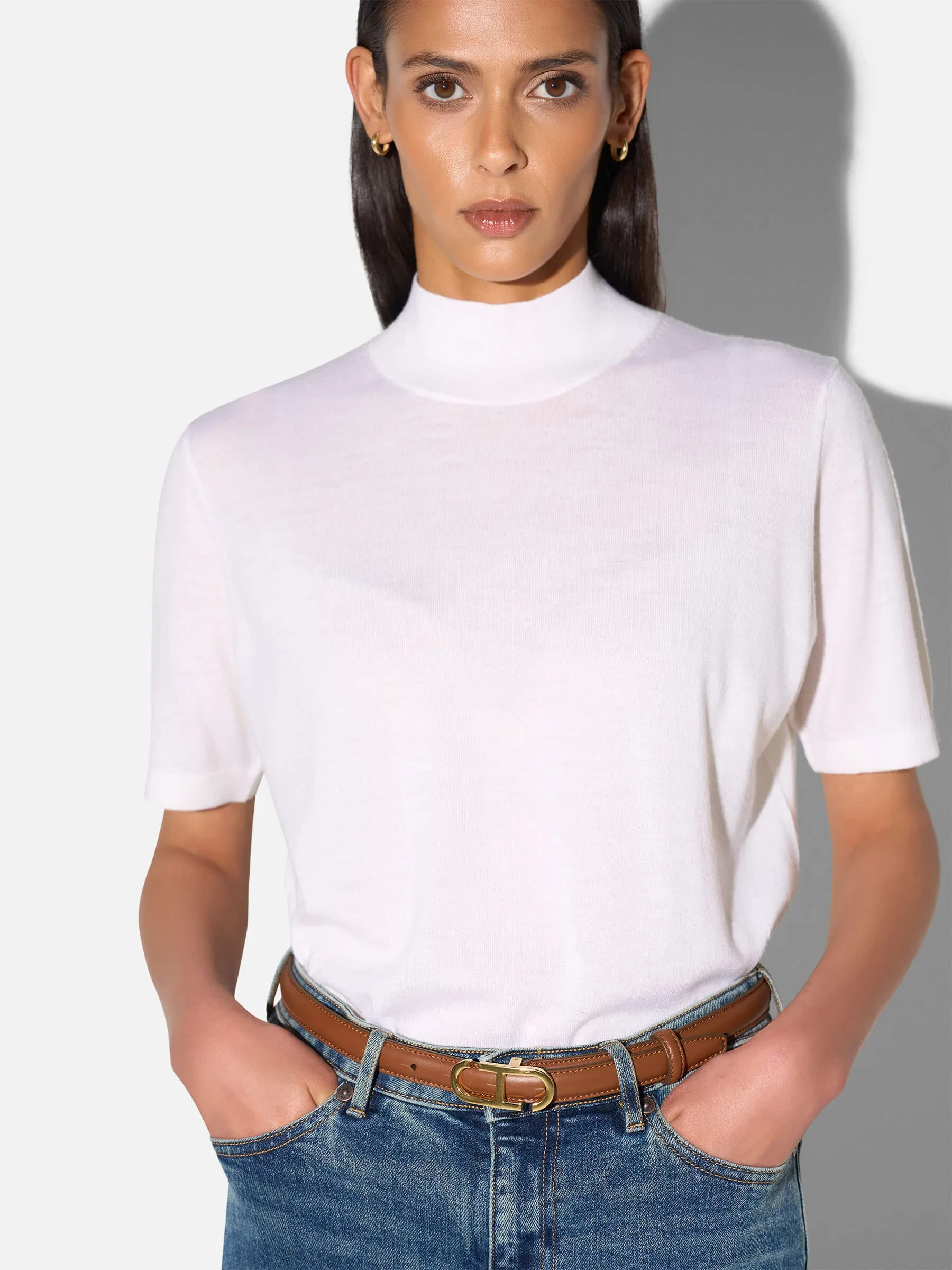 Merino Wollen Coltruitje Korte Mouw Knight Off White
