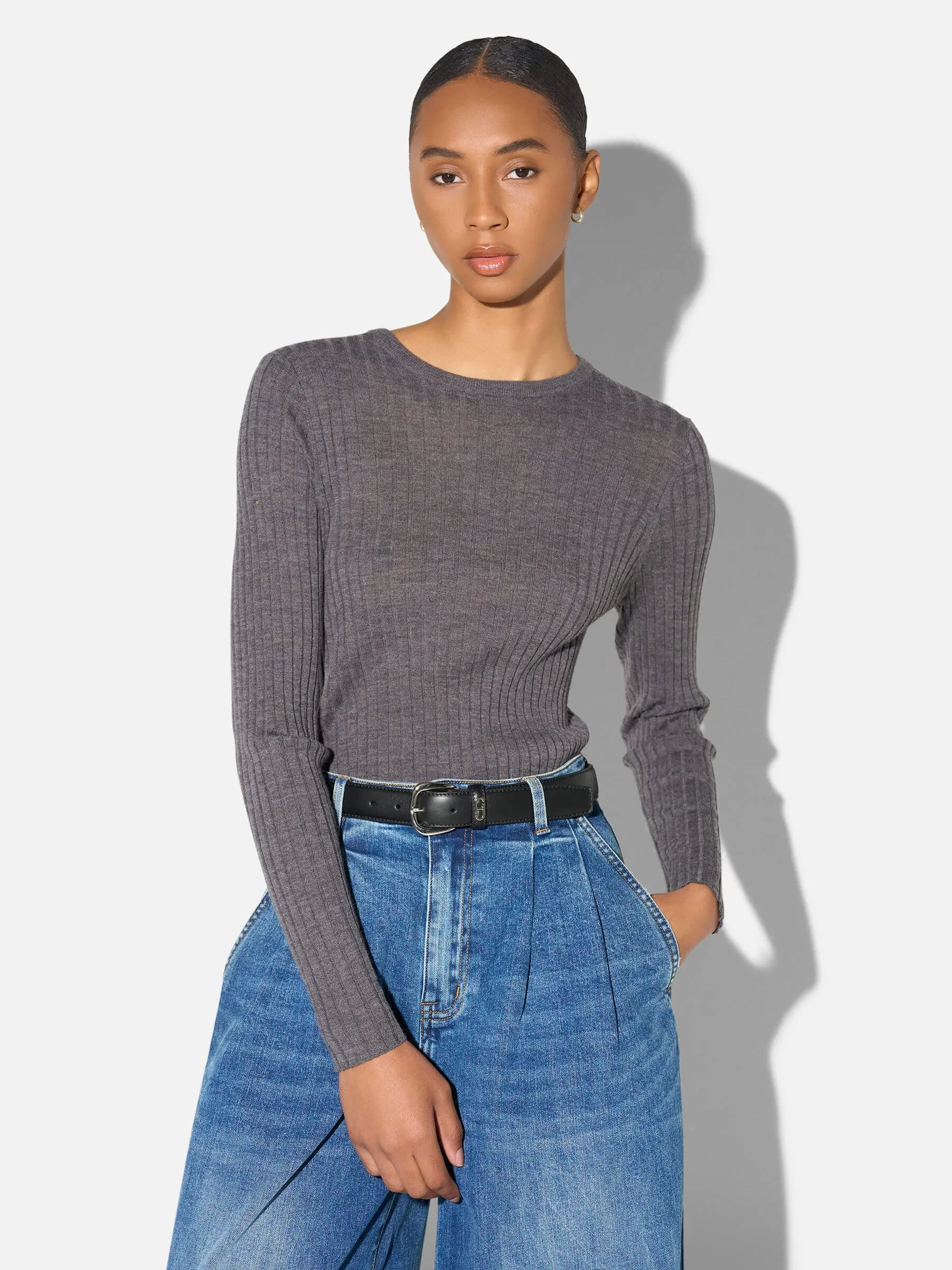 Merino Wollen Rib Truitje Lange Mouw Lyle Grijs