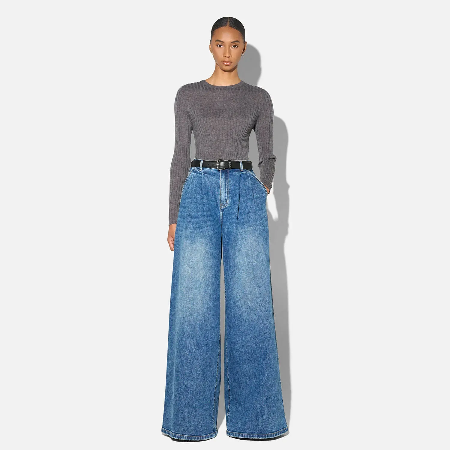 Merino Wollen Rib Truitje Lange Mouw Lyle Grijs