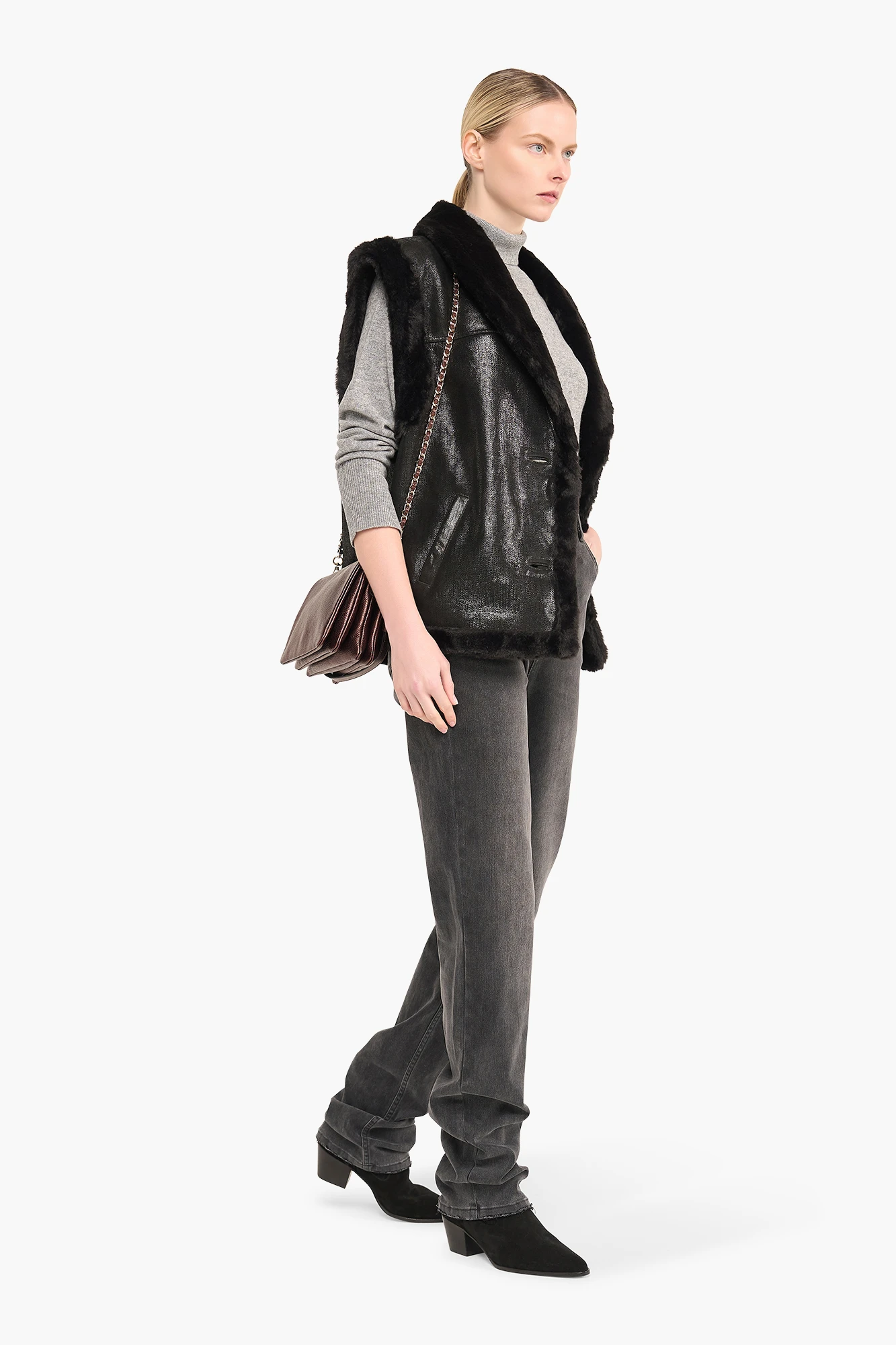 Leren Dames Vest Justin Zwart Metallic Bont