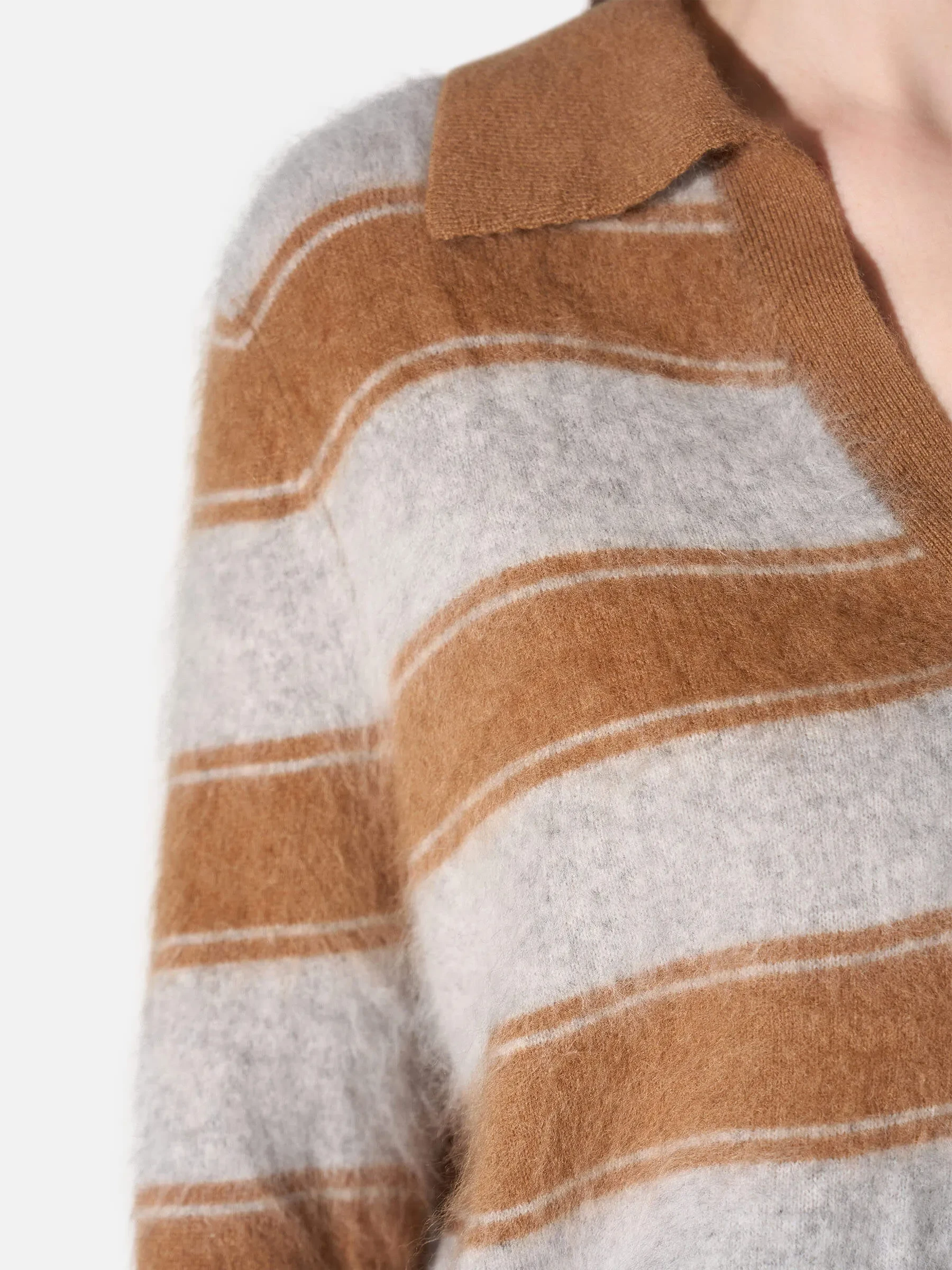 Polo Hals Dames Trui Merino Wol Cashmere Resort Camel Strepen