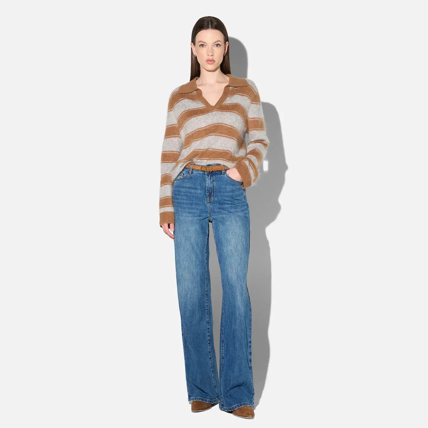 Polo Hals Dames Trui Merino Wol Cashmere Resort Camel Strepen