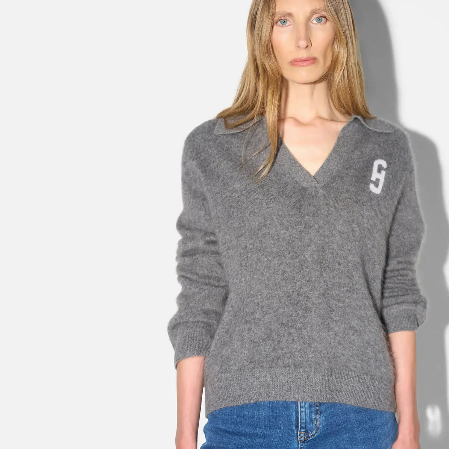 Polo Hals Dames Trui Merino Wol Cashmere Resort Grijs