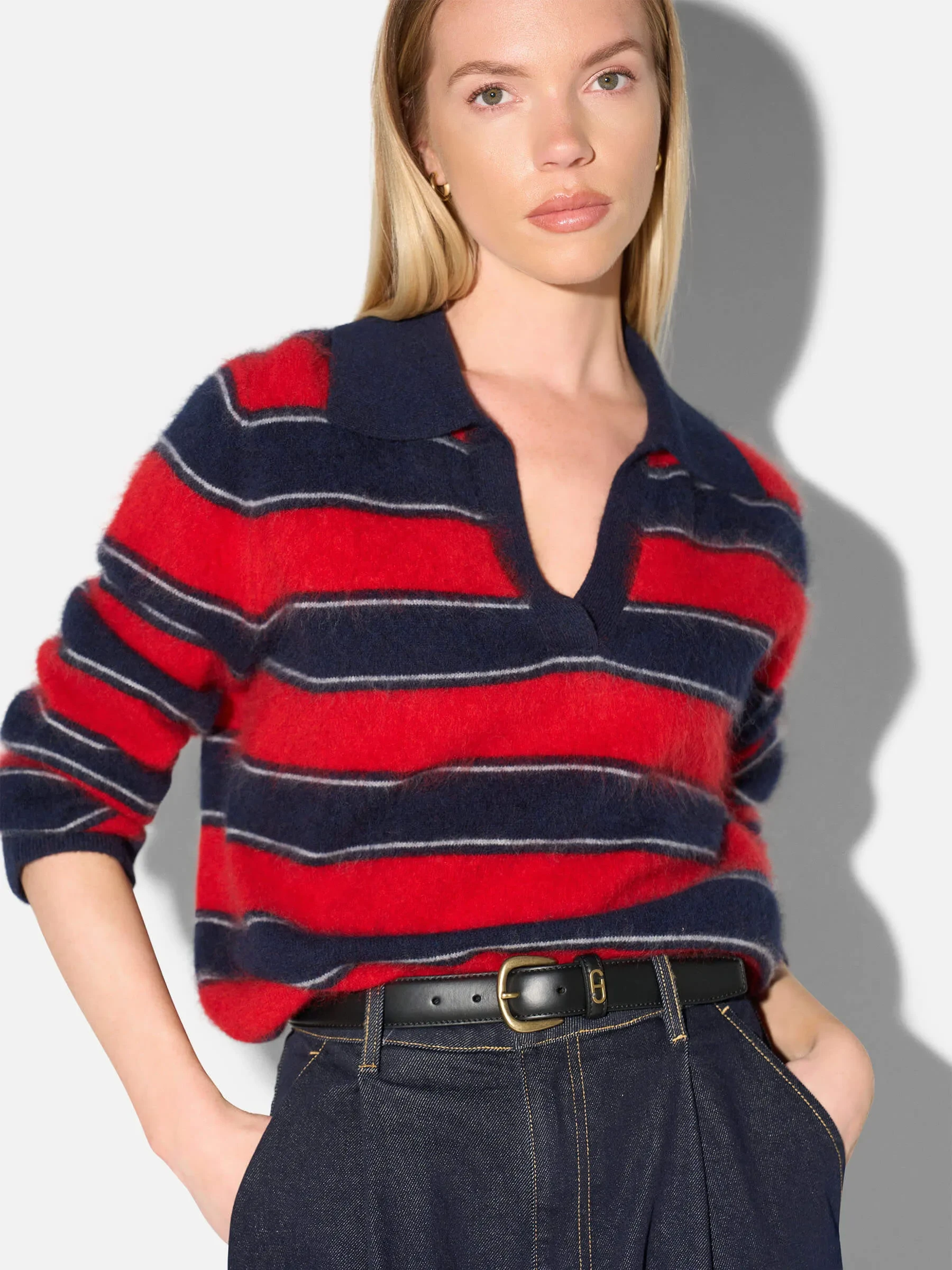 Polo Hals Dames Trui Merino Wol Cashmere Resort Rood Strepen