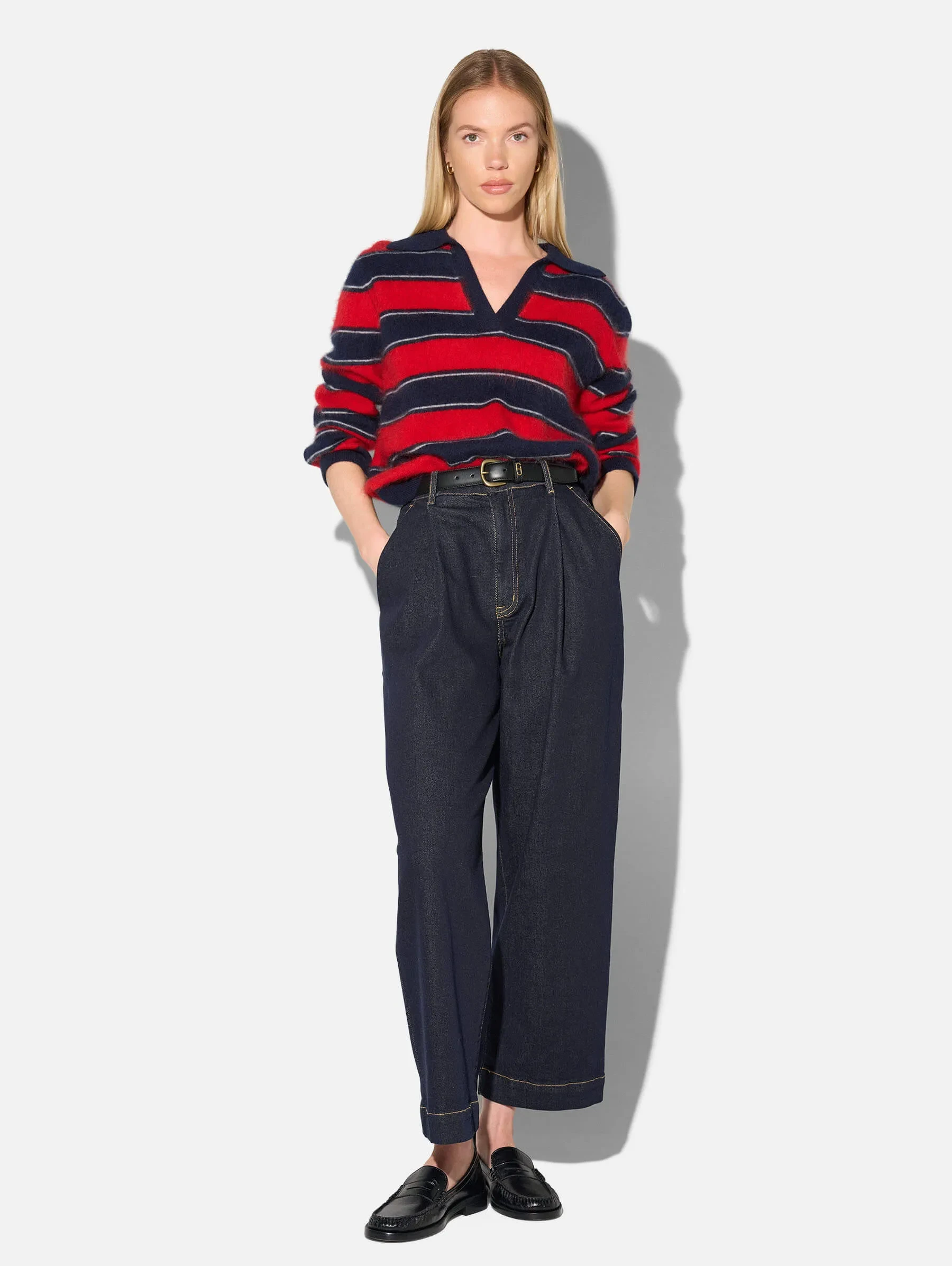 Polo Hals Dames Trui Merino Wol Cashmere Resort Rood Strepen
