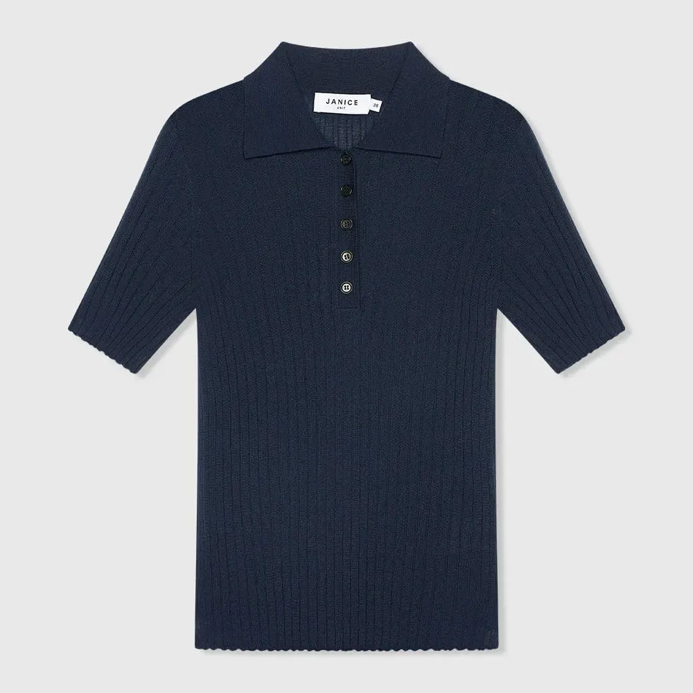 Polo Truitje Gebreid Merino Wol Kian Navy Blauw