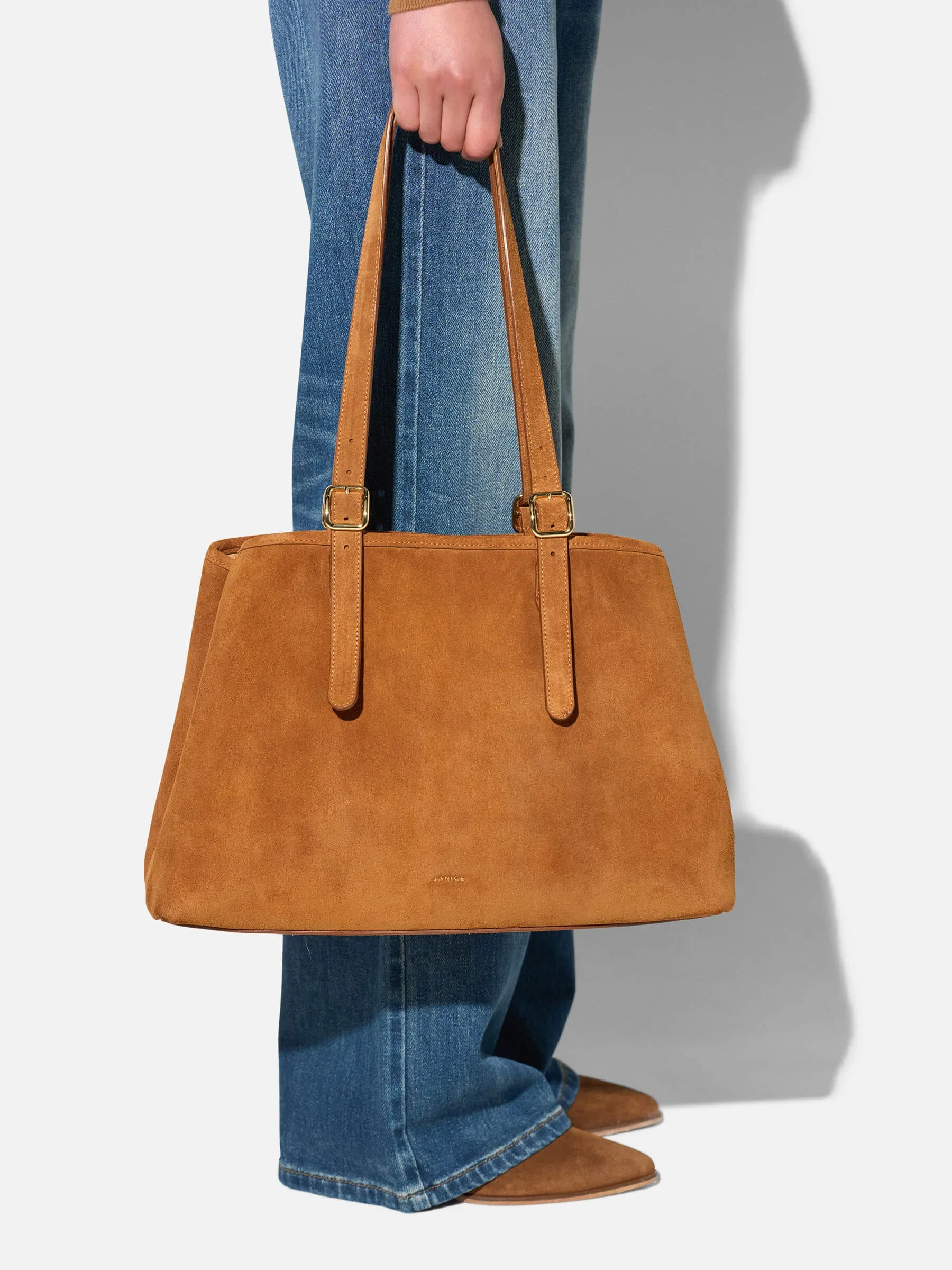 Suede Leren Dames Handtas Shopper Harper Cognac