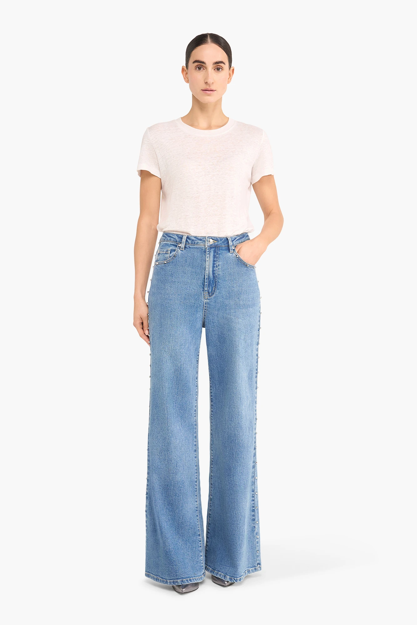 High Rise Wijde Leg Jeans Studs Mason Blauw 028