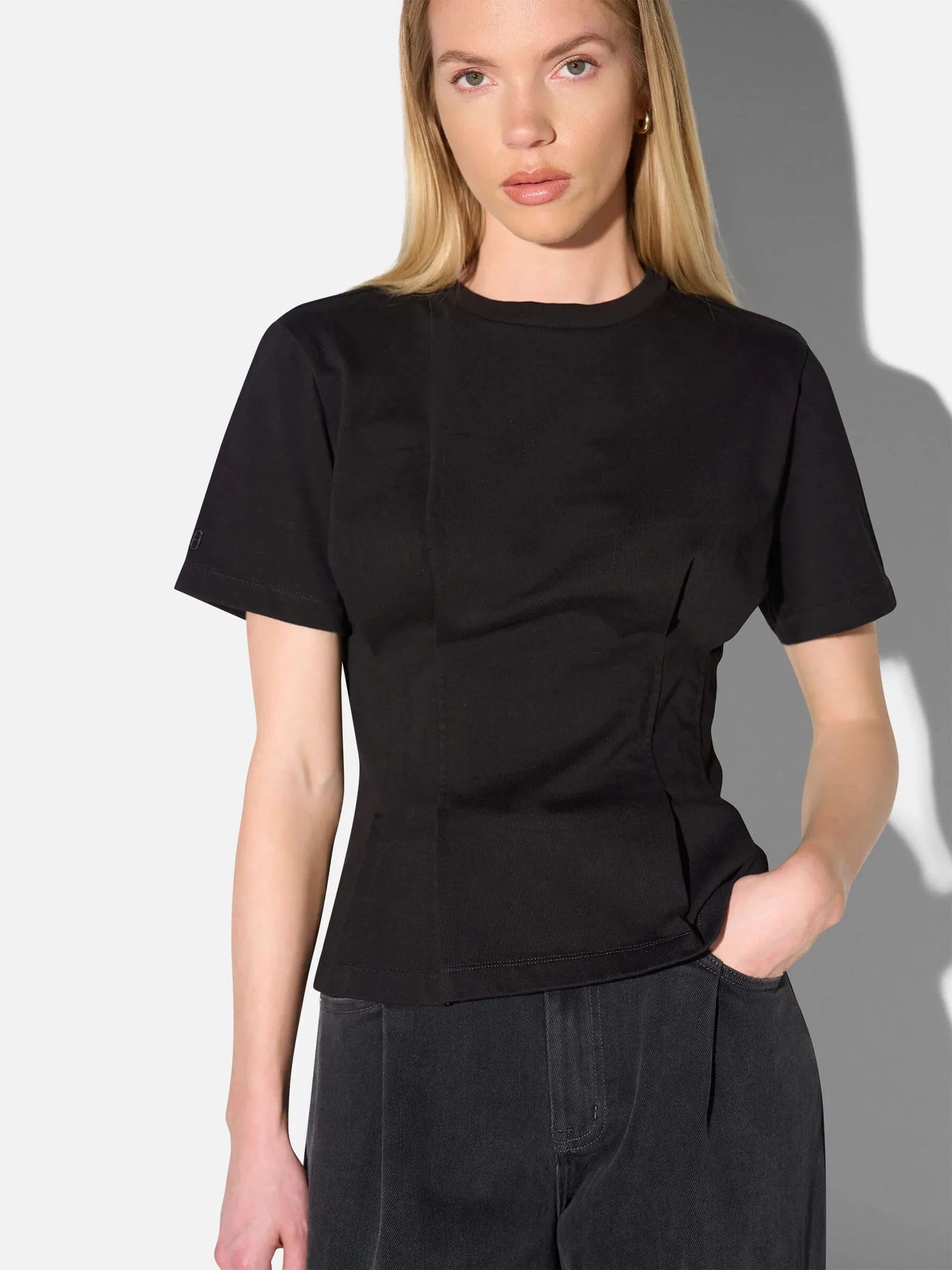 Zwart Katoenen Dames Shirt Plooien Taille Keon
